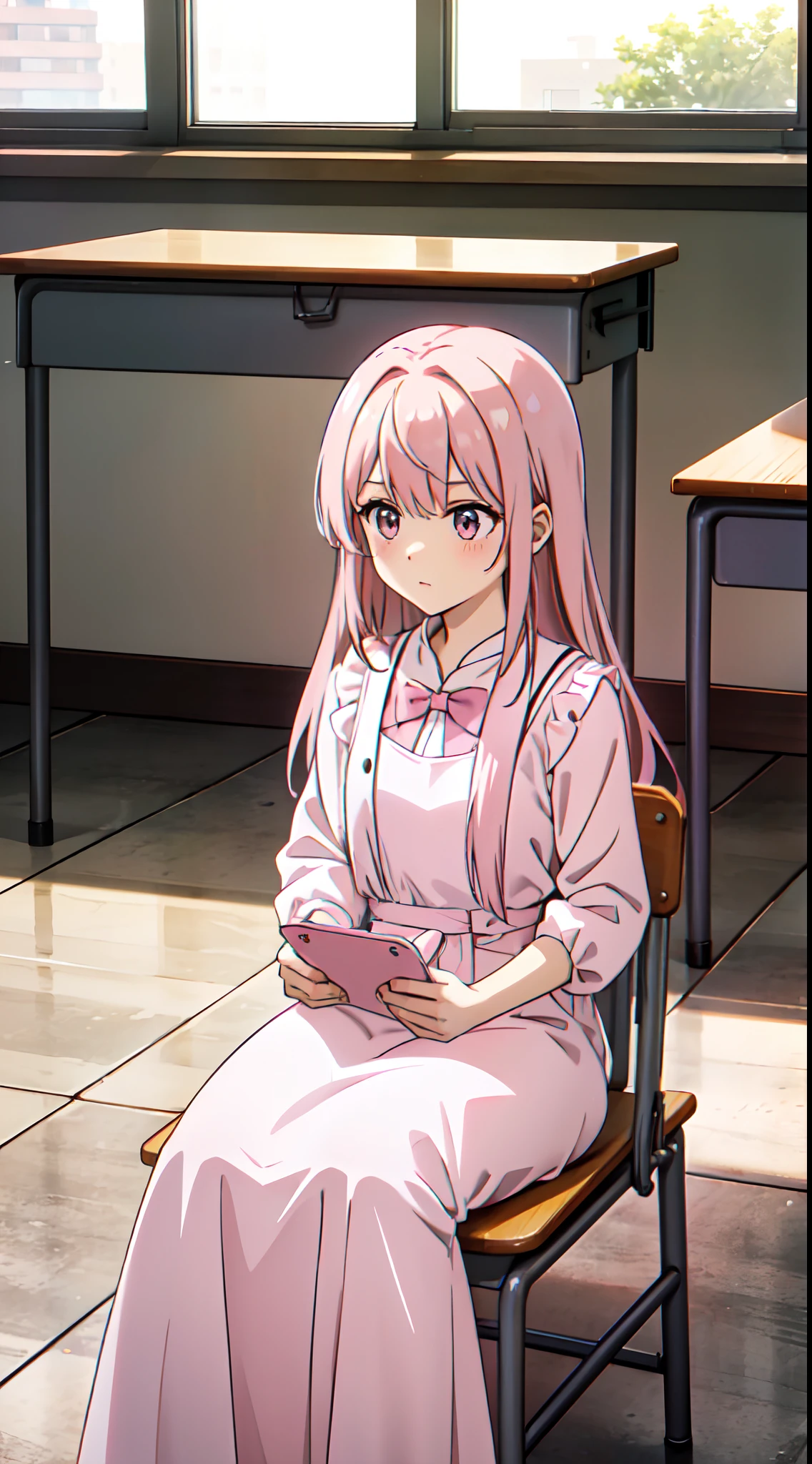 (((A pink-haired girl wears a long white dress))),((( while sitting in a classroom)))