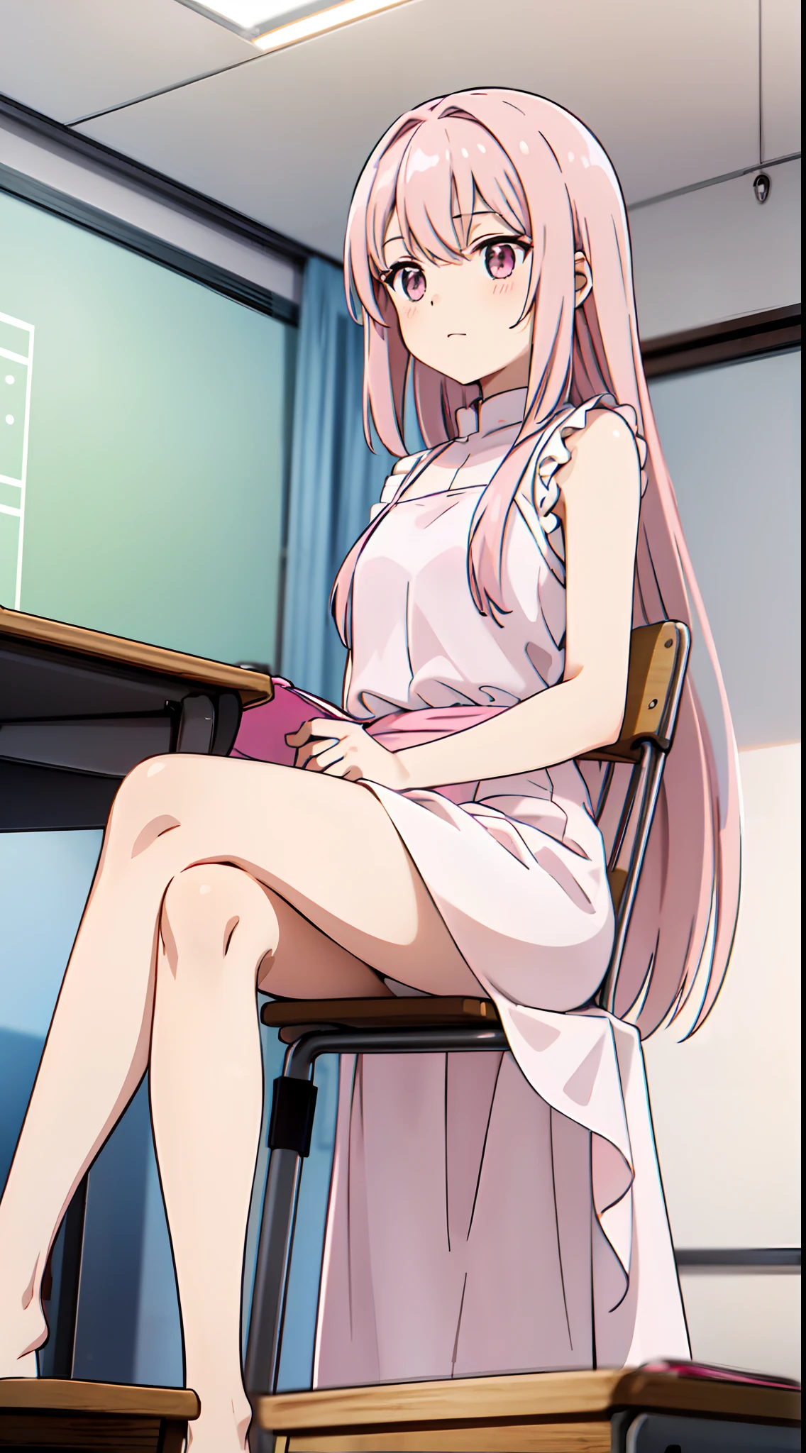 (((A pink-haired girl wears a long white dress))),((( while sitting in a classroom)))