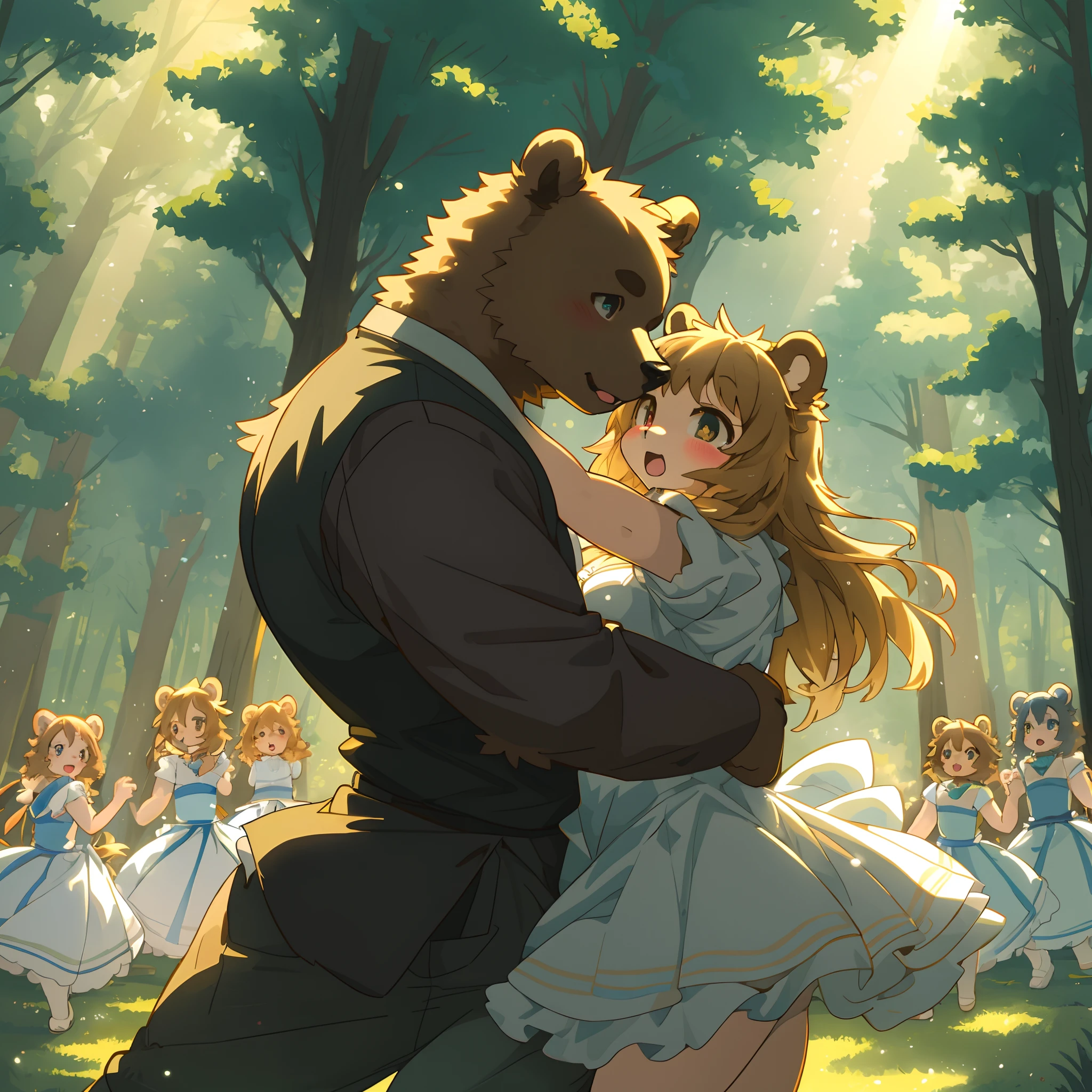 top quality, best quality, High-quality illustrations, masterpiece, super high resolution, detailed background, forest(super cute 1girl, bear, pair)singing, dancing, waltz, 6+boys, 6+girls, absurdres(highly detailed beautiful face and eyes)perfect anatomy, expression, good lighting, cinematic shadow(kemono, furry anthro)assorted poses, dynamic angle,
