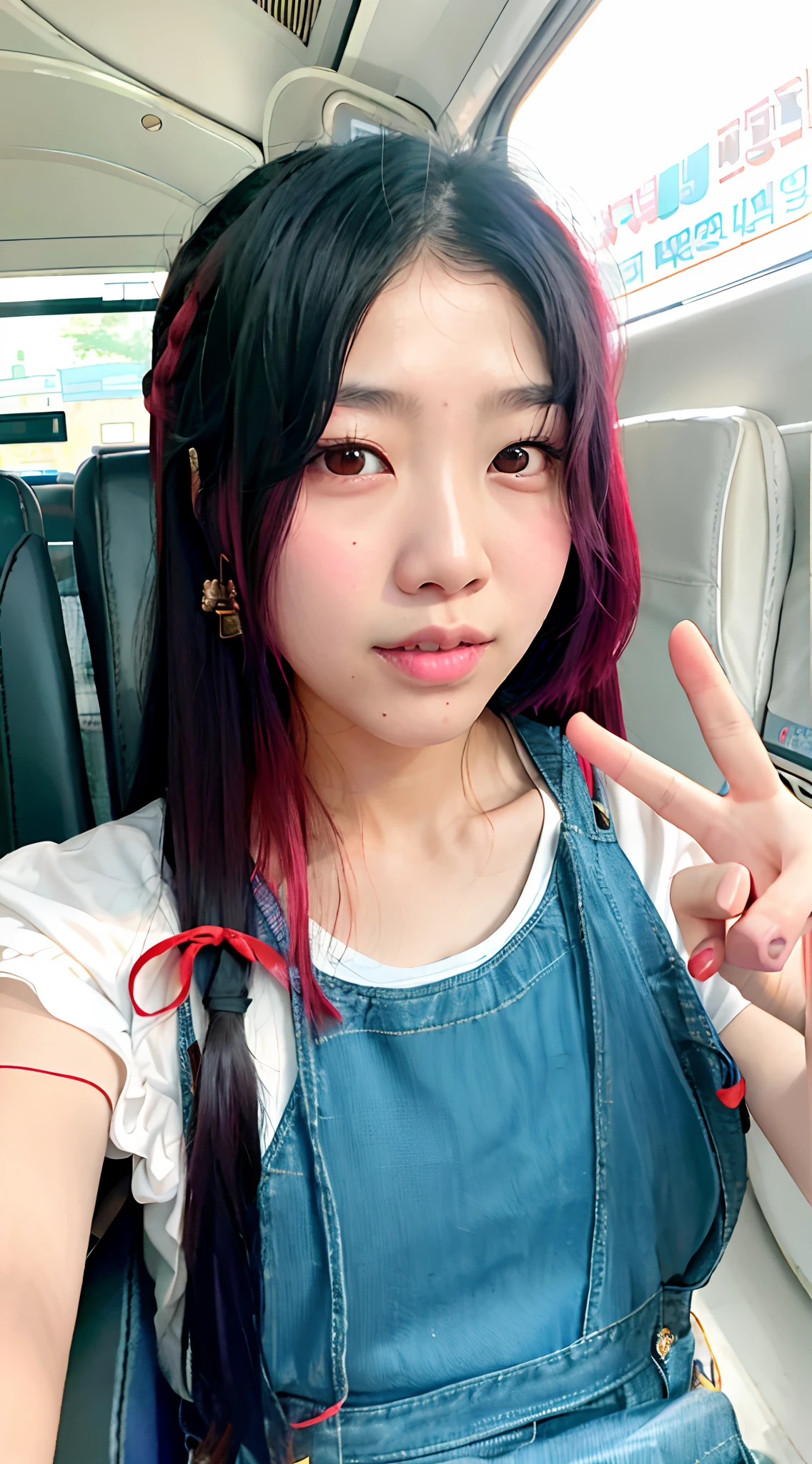 Asian woman，Long hair and red overalls sitting on a bus, belle delphine, jaeyeon nam, sun yunjoo, wan adorable korean face, ulzzangs, park jimin, 🚿🗝📝, Lee Ji-eun, lee ji eun, Choi Hyun-hwa, sakimichan, blackpink jennie