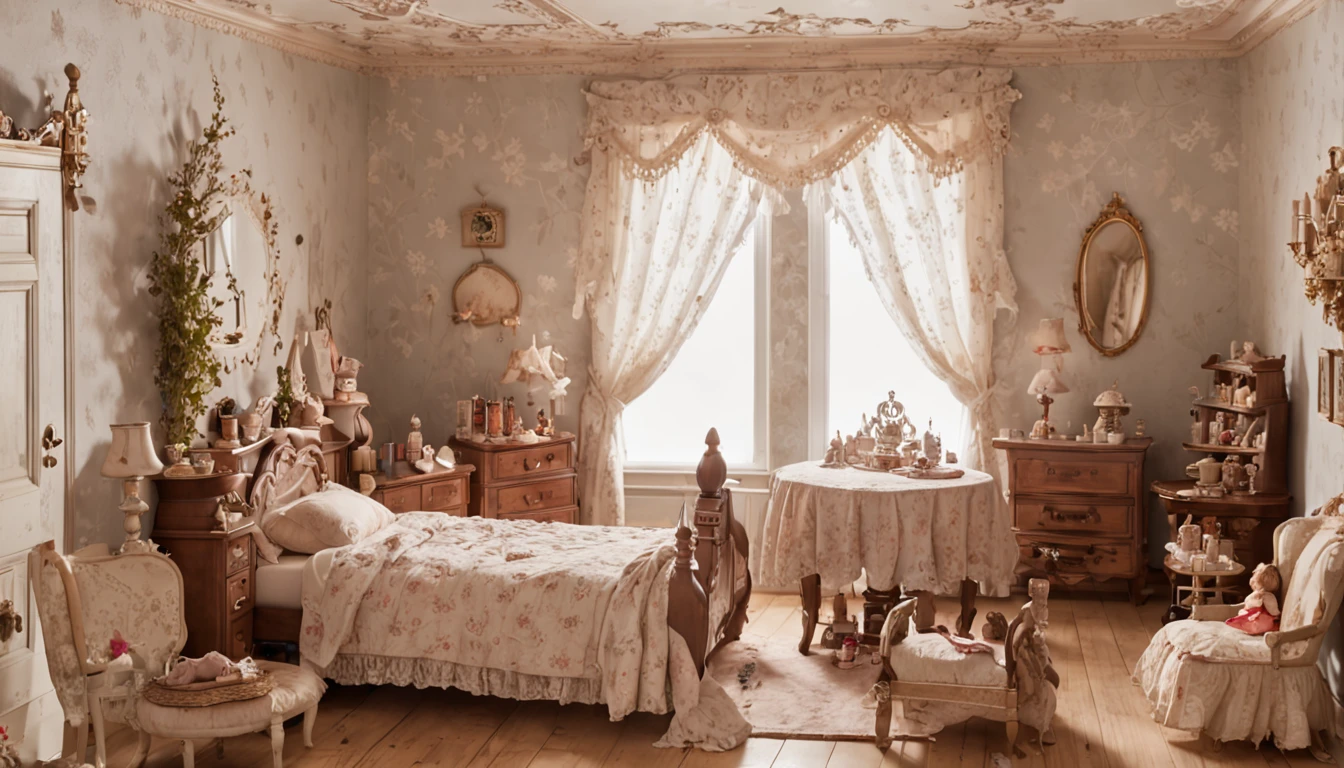 one room,beautiful depiction of a fairy tale,victorian dollhouse photo,photorealistic disney,toy photography,multiple dolls in one photo,storybook wide shot::hd,dollhouse,arnold rendering, inside an old magic shop, toy business photo, storybook realism, alice in wonderland 3 d