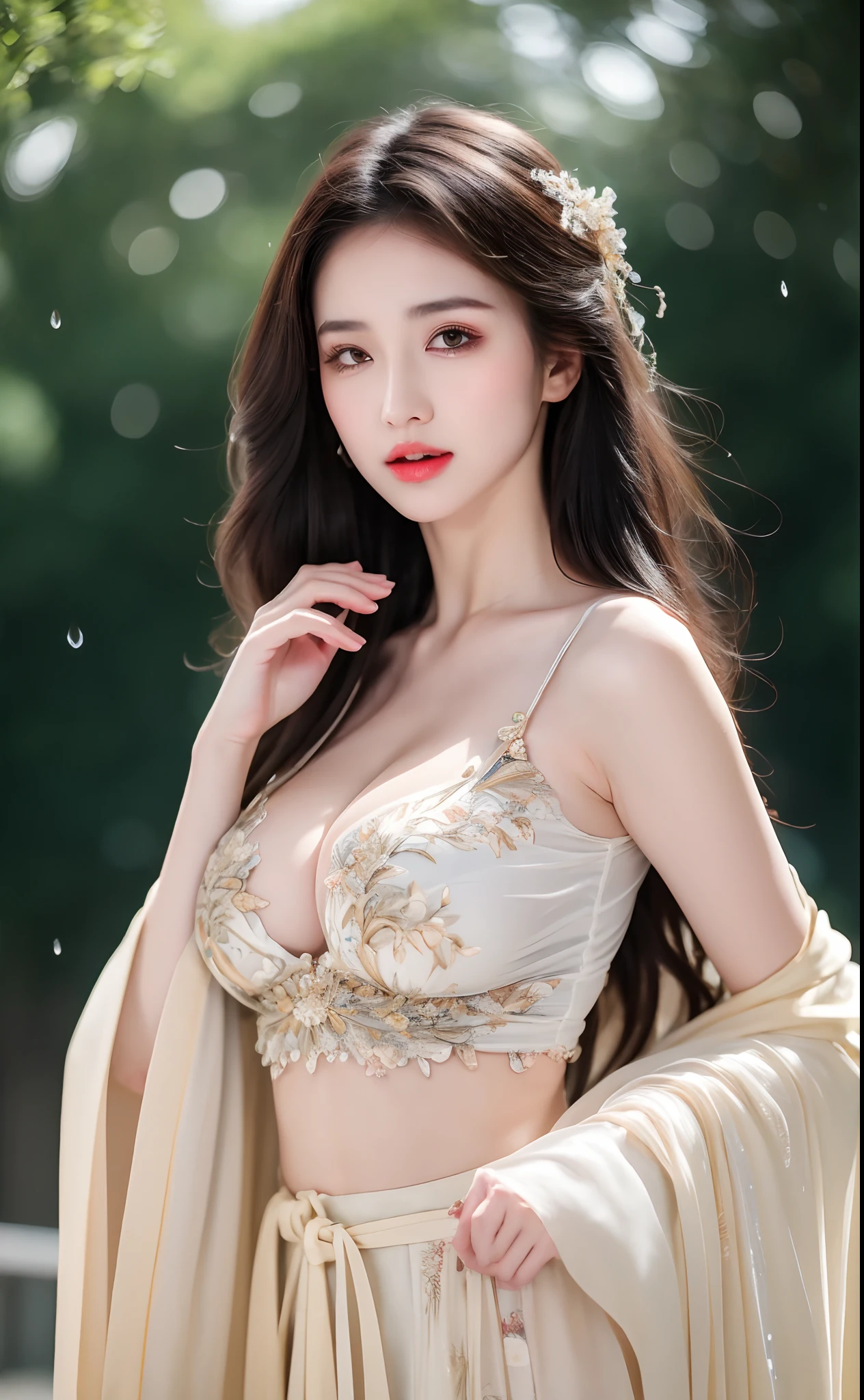 ((Best Quality, 8k, Masterpiece: 1.3)), Focus: 1.2, Perfect Body Beauty: 1.4, Buttocks: 1.2, ((Layered Haircut)), (Wet Clothes: 1.1), (Rain, Street:1.3), (Breasts: 1.2), (Hanfu: 1.2), Bare Shoulders, Bare Legs, Highly Detailed Face and Skin Texture, Fine Eyes, Double Eyelids, Whitened Skin, Long Hair, (Shut Up: 1.5), (Bokeh Background: 1.5), Big Breasts