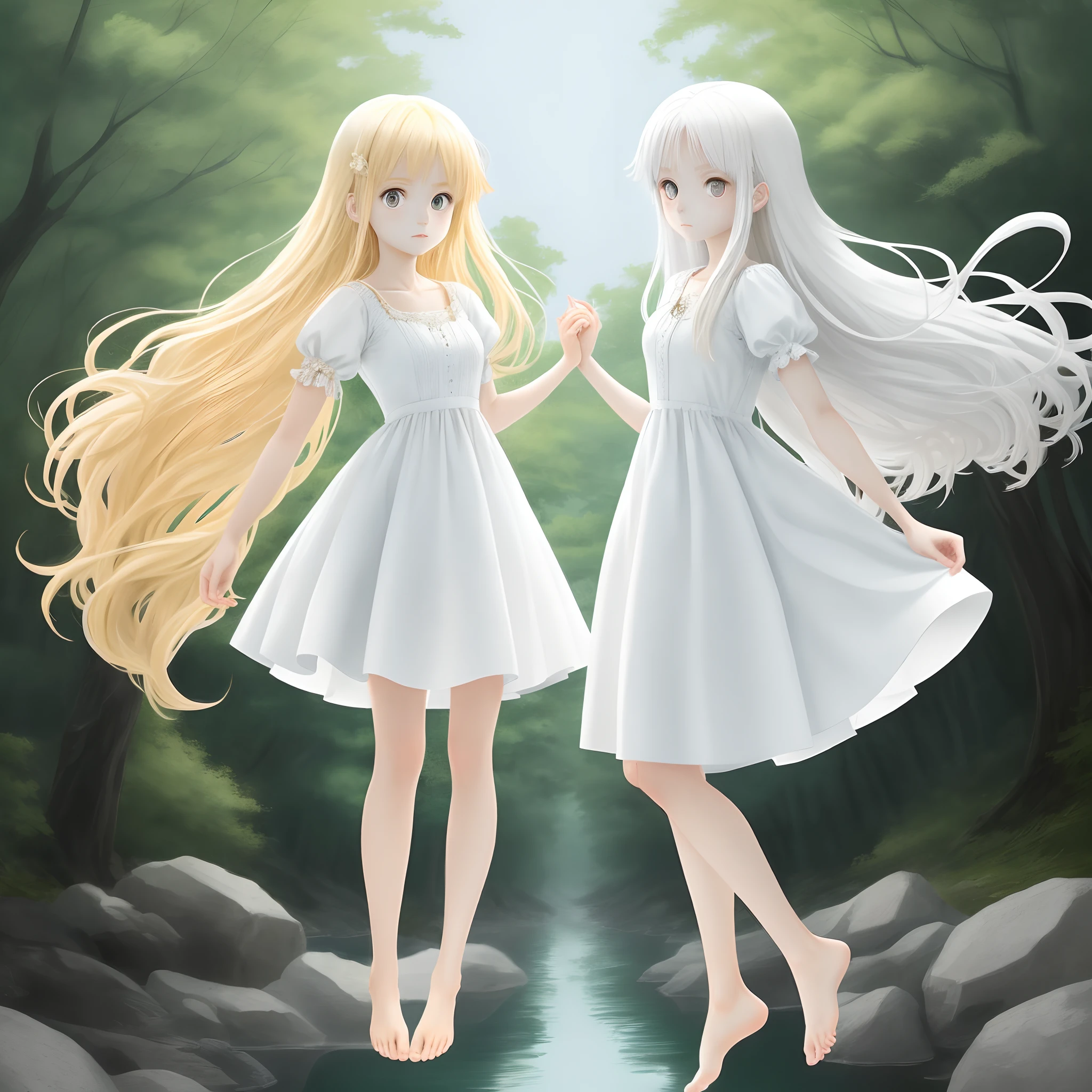 One in a white dress,Loli with blond pupils and long white hair,Not tall,Floating in the air with bare feet。Anime style