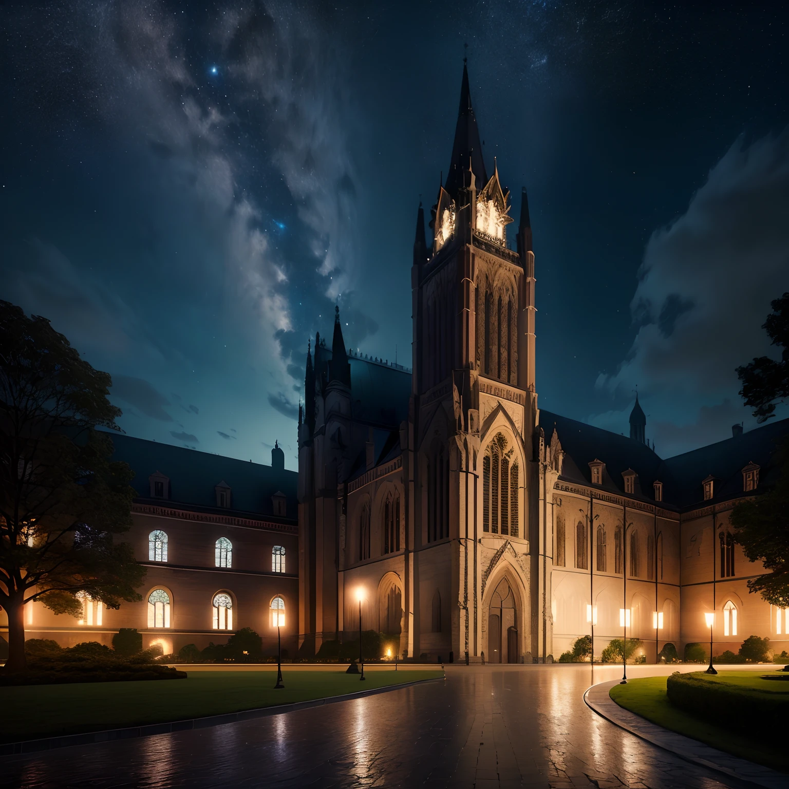 Arafed view of a large building with a clock tower at night, night time render, gothic cathedral, Fundo da catedral, catedral, alabaster gothic cathedral, por Christian W. Sanders, cinematic lighting at night, huge imposing magical university, Directed by: Robert Koehler, dark gothic cathedral, Por Jessica Rossier, Directed by: Adam Marczyński