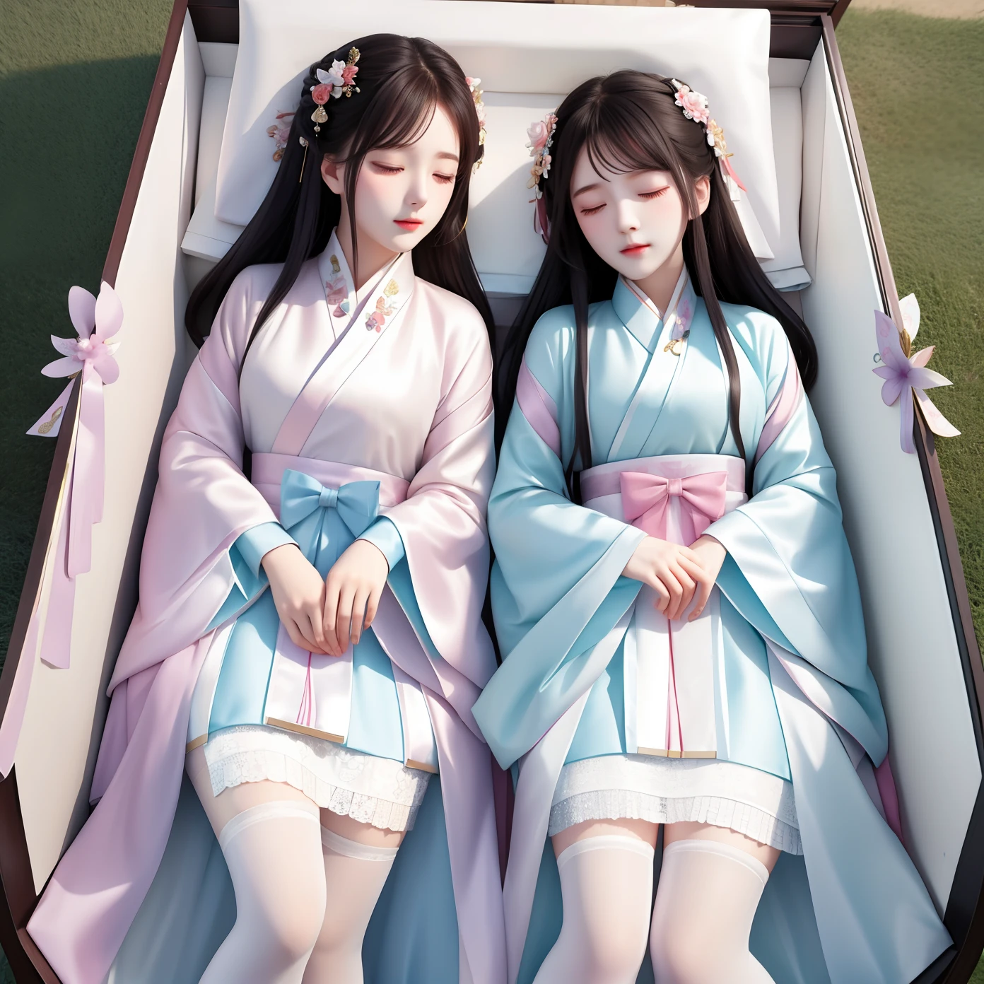 Beautiful twin sisters sleeping in a coffin,whitestocking,Hanfu