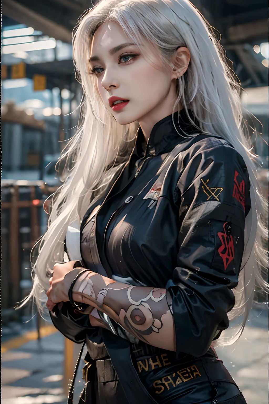 Photorealistic, High resolution, 1womanl, Solo, hips up high, look at viewr, (Detailed face), White hair, Long hair, Black business suit, Mafia, The tattoo, Jewelry