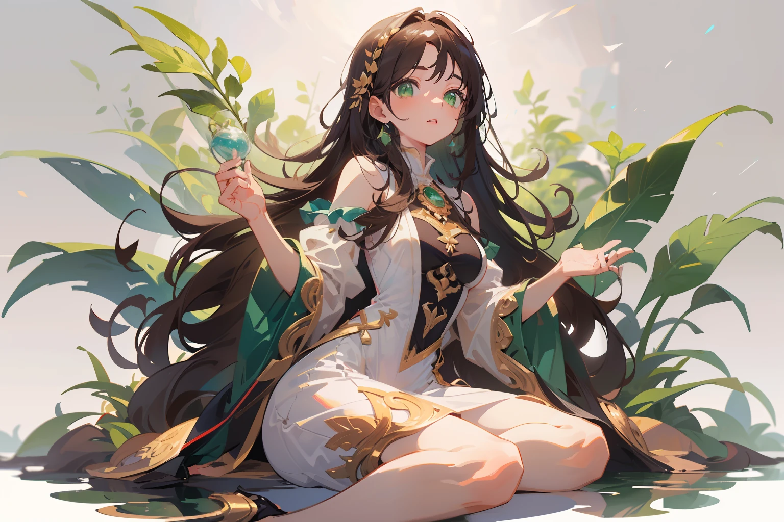 (masterpiece), (best quality), ultra high res, sharp focus, ((1 woman, solo)), full body, character design, (white background:1.2), beautiful detailed hair, chestnut brown hair, long hair tumbles down, beautiful detailed face, ((beautiful shape eyes, green eyes)), perfect feminine face, hourglass body shape, feminine light outfit