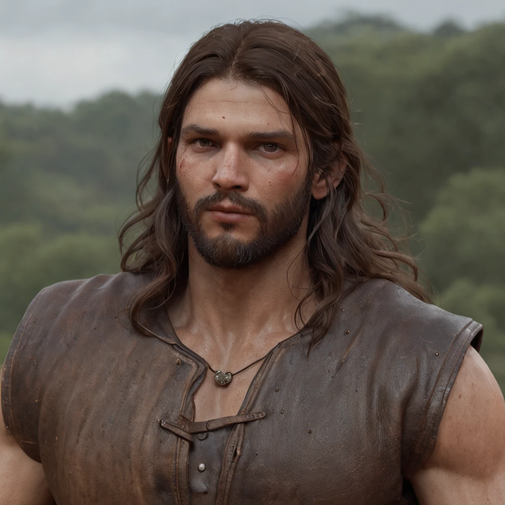 (Professional 3D rendering:1.3) de (Realistic:1.3) foto de arte mais bonita do mundo，((Epic hero, rough fantasy, hero, kind look, long hair, big beard and strong expression in dynamic pose, location in the wheat plantation, majestoso ambiente desordenado)), corpo inteiro 8k unidade render, action shot, poros da pele, very dark lighting, sombreamento pesado, circunstanciado, rosto detalhado, (Vibrando, Fotografia realista, Realistic, Dramatic, Escuro, foco nítido, 8k), (Roupas de couro velhas danificadas pelo mau tempo:1.4), ((((Use peles)))), (intrincado:1.4), decadente, (altamente detalhado:1.4), Pintura digital, rendering by octane, art stations, conceito-arte, liso, foco nítido, illustration, germe da arte, (Loish:0.23), Wlop Ilya Kuvshinov, e greg rutkowski e alphonse mucha gracias, (global ilumination, studiolight, light volumetric), chuva forte, floating particles, patife, fantasia, Nosso, Corpo inteiroesbiano, ((Fundo escuro e antigo da cidade:1.3)),CGSesociedade,art stations