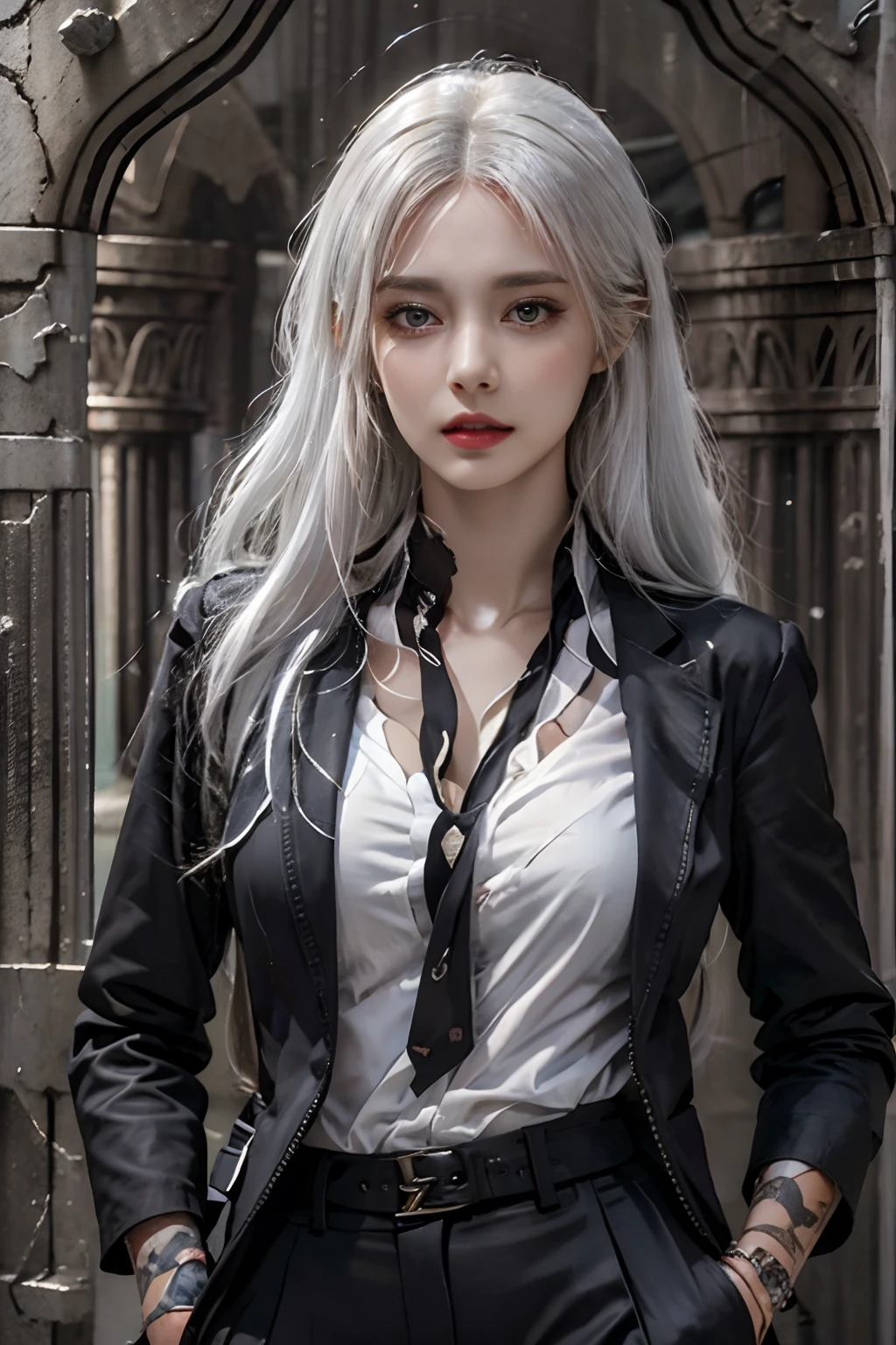 Photorealistic, High resolution, 1womanl, Solo, hips up high, look at viewr, (Detailed face), White hair, Long hair, Black business suit, Mafia, The tattoo, Jewelry
