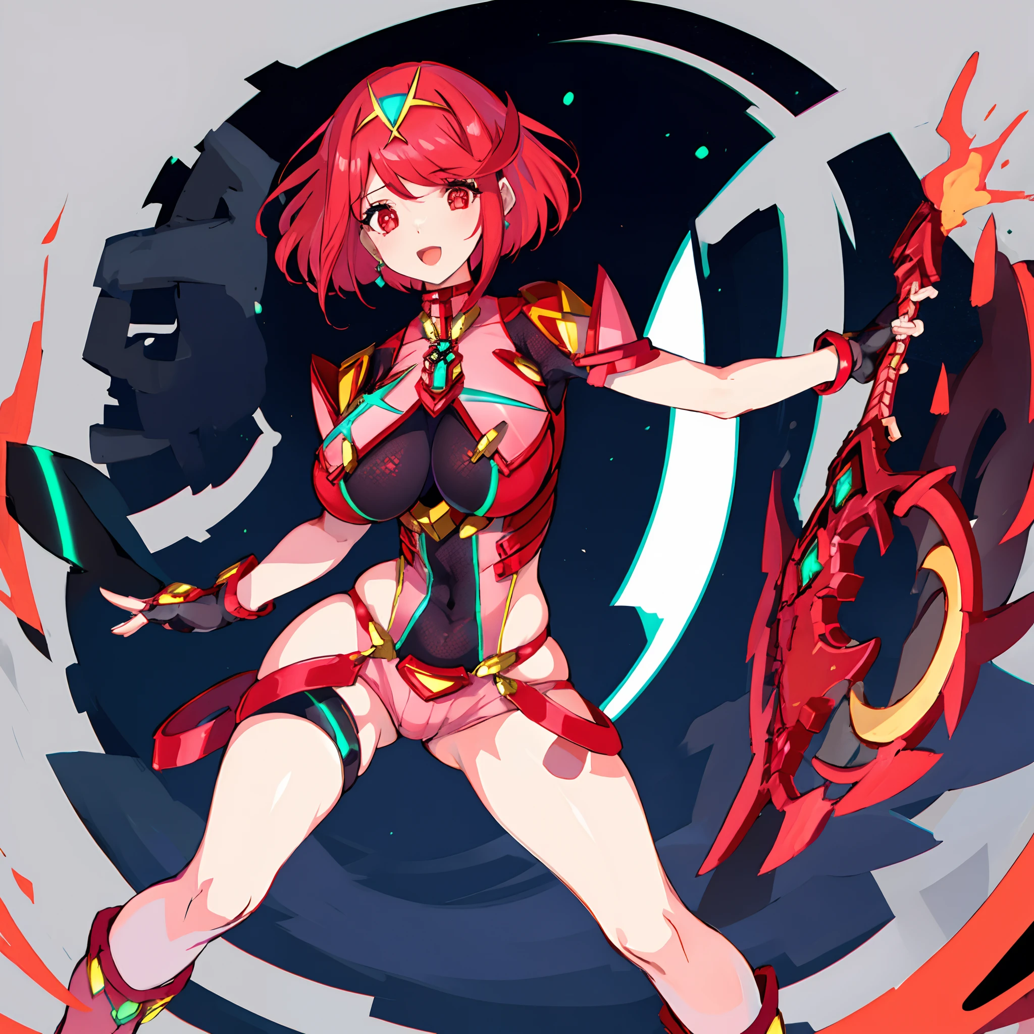 pyra \(xenoblade\), _1girl, lolimor, bangs, black gloves, breasts, red eyes, closed mouth, earrings, eyelashes, fingerless gloves, floating hair, framed breasts, gem, gloves, hair ornament, headpiece, jewelry, big_breasts, leaning back, leotard, neon trim, official art, pose, red hair, red shorts, saitou masatsugu, short hair, short shorts, short sleeves, shorts, sidelocks, skin tight, solo, standing, swept bangs, thighhighs, tiara, night_prairie_background, turtleneck, underbust, vambraces, xenoblade chronicles \(series\), (xenoblade chronicles 2), apart_legs, fire_effect,dynamic_pose,fighting,light_smile, (plump:1.1), big_ass,huge_sword, hold_large_sword_hilt, solo, covered_nipples, covered_pussy,open_mouth,back_view, fists,