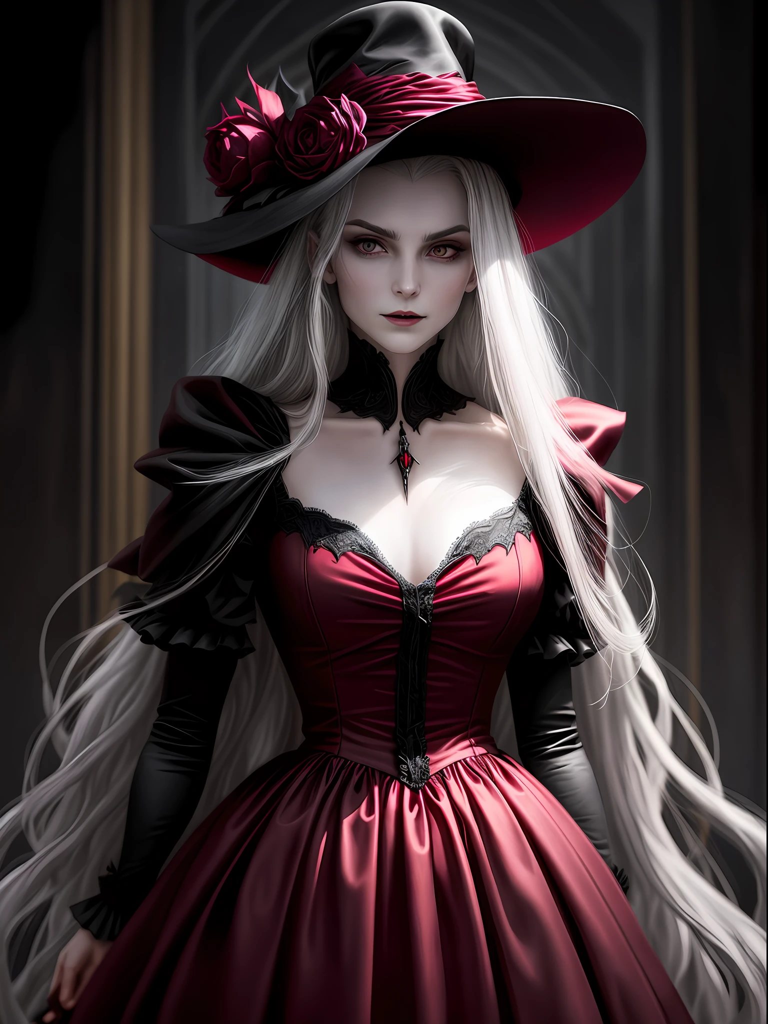 Create an image of a handsome vampire who has just emerged from their slumber. The vampire should be depicted as a creature of elegance and power, with long, flowing hair and sharp, angular features. Their skin should be pale and flawless, with a subtle hint of otherworldliness. The vampire's eyes should be deep and alluring, with a predatory gleam that hints at their insatiable thirst for blood. They should be dressed in attire that is both modern and timeless, with a style that suggests a long history of living among humans. As they emerge from their slumber, the vampire should be shown with a sense of calm confidence, exuding an aura of danger and intrigue. The background should be shrouded in shadow, with just a hint of moonlight filtering through the darkness. In the vampire's hand, there should be a small vial of blood, freshly drawn from their latest victim. The vampire should appear both satisfied and slightly unnerved by their own hunger, as though they are aware of the danger they pose to those around them.