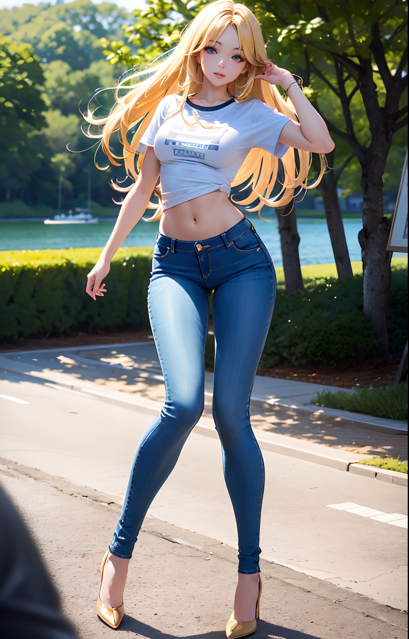 masterpiece, extremery magnificent view, perspective, extremery best quality, extremery detailed CG, 8k wallpaper, high resolution, highly detaiiled face, highly detailed eyes, perfect anatomy, super detailed skin,
(dynamic angle, dynamic pose:1.2), outdoors, park, tree and lake, (portrait, legs focus, full body), (beautiful face, beautiful eyes, beautiful legs:1.3),
1 girl, solo, (t-shirts, skinny jeans:1.3), medium breasts, blonde hair, long hair, floating hair, straight hair, open forehead, parted bangs, blue eyes, (navel, :0.8), skinny, slender, big hips, thin waist