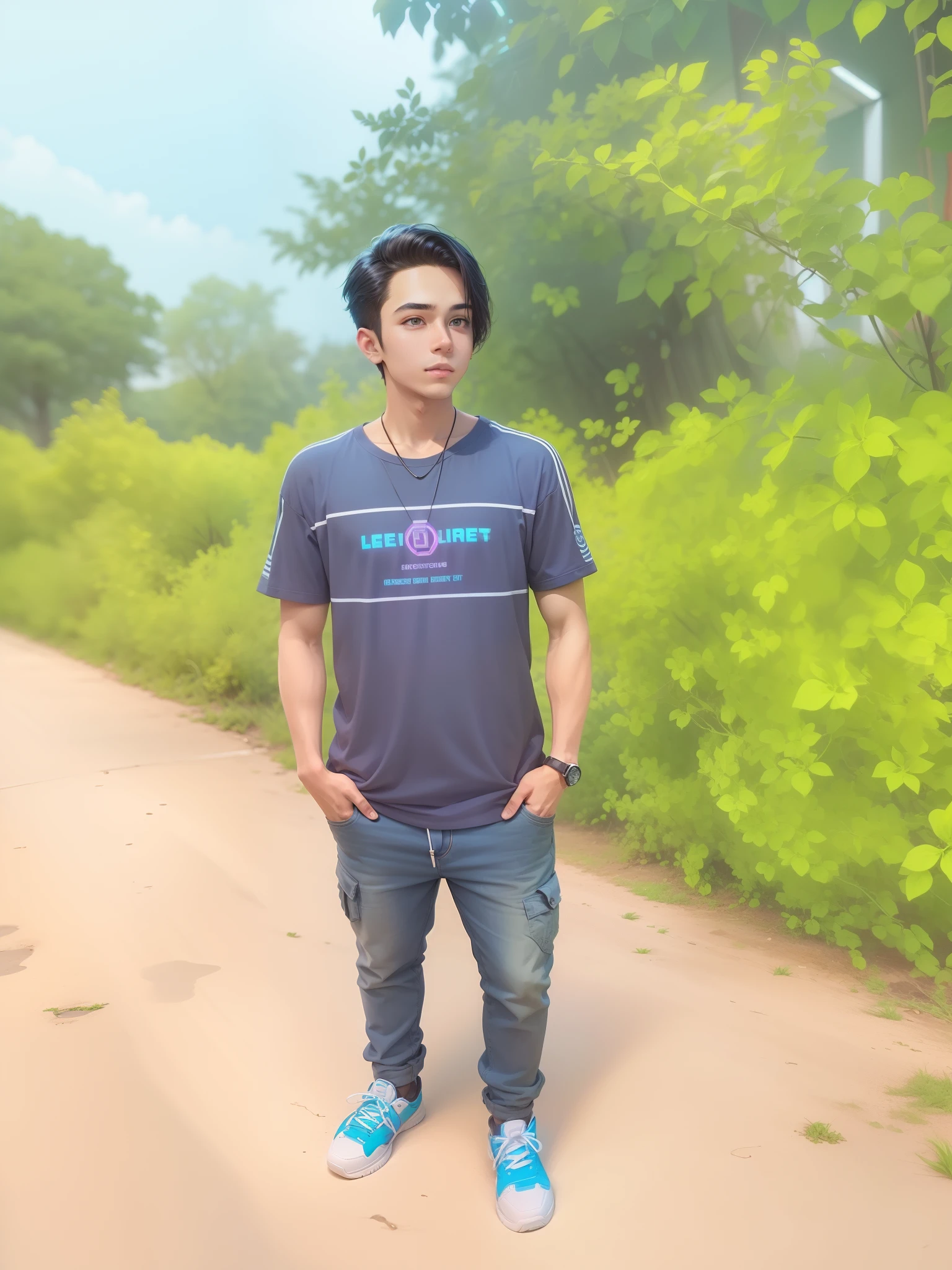 Background chenge. Cybersecurity handsome boy. Neon Lighting