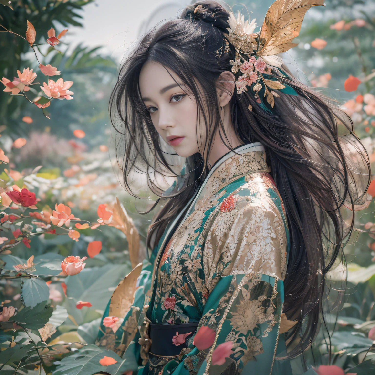 32K（tmasterpiece，k hd，hyper HD，32K）Long flowing black hair，ponds，zydink， a color，  Xuzhou people （Sleepy girls）， （Silk scarf）， Combat posture， looking at the ground， long whitr hair， Floating hair， Carp pattern headdress， Chinese long-sleeved clothing， （Abstract gouache splash：1.2）， Pink petal background，Pink and white lotus flowers fly（realisticlying：1.4），Black color hair，Fallen leaves flutter，The background is pure， A high resolution， the detail， RAW photogr， Sharp Re， Nikon D850 Film Stock Photo by Jefferies Lee 4 Kodak Portra 400 Camera F1.6 shots, Rich colors, ultra-realistic vivid textures, Dramatic lighting, Unreal Engine Art Station Trend, cinestir 800，Long flowing black hair，see-through transparent clothes