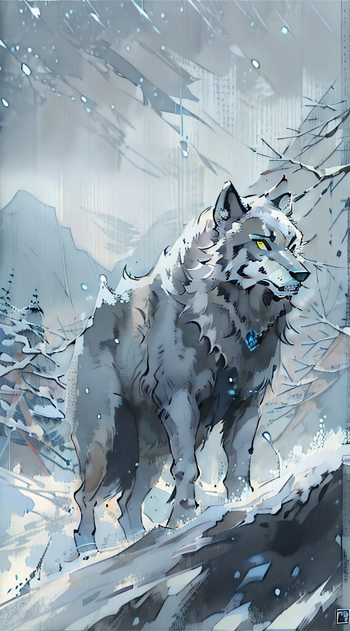 Top of a snowy mountain,A mighty lone wolf,cold shades,low-saturation