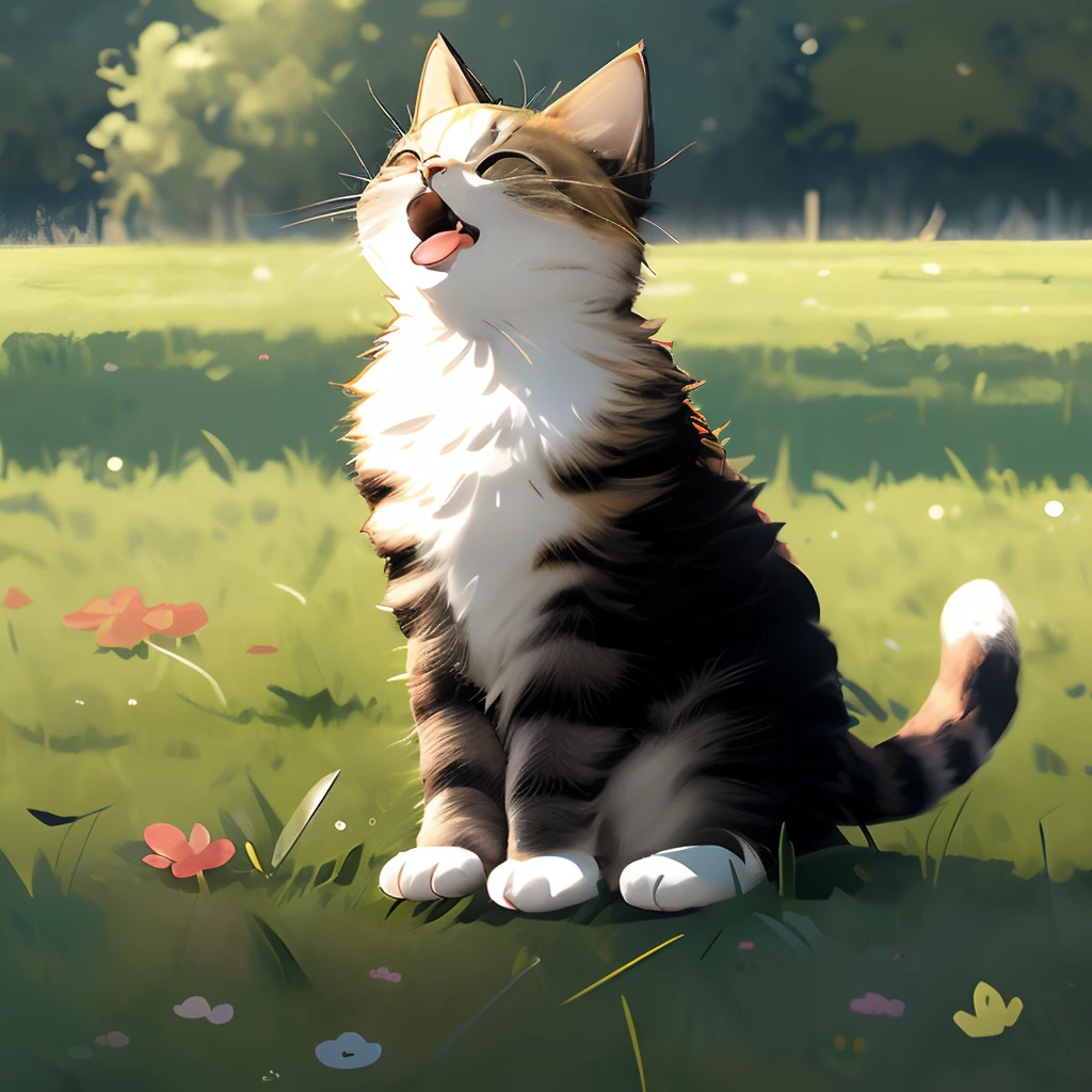 a cat,open mouth,a cat standing on grass,