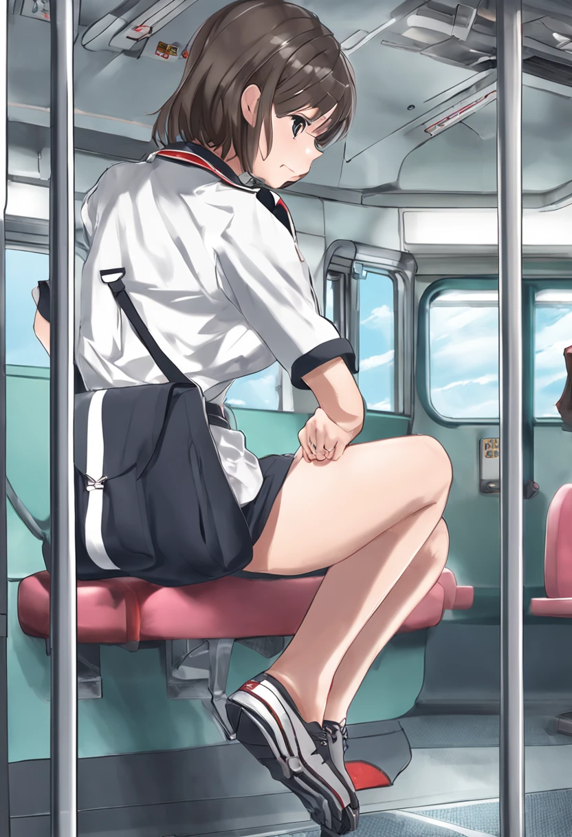 A thin female student with very small breasts is crying a lot., black hair,short hair,spread legs,Many people are watching,nsfw,1 boy, pov hands, grab breasts,crowded train
