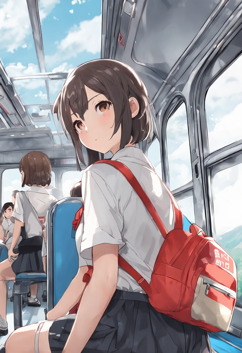 8K resolution, ultra-realistic, ultra-detailed, high quality, (2girls:1.1), sitting at seat, on the train, school uniform, a school bag, shirt, (from below:1.2), 1girl looking over her shoulder,1 girl, beautiful Japan woman, thin wess, (sticking out the buttocks: 1.2), Fine face, short hair, (gigantic breasts, cleavage:1.2),(swimming race suit:1.3), (cameltoe),cute,kawaii,wet,from behind, backshot,, 1girl looking over her shoulder,gravure idol, korean idol, nogizaka idol, place one's arms behind one's back,raise both arms,(aside)