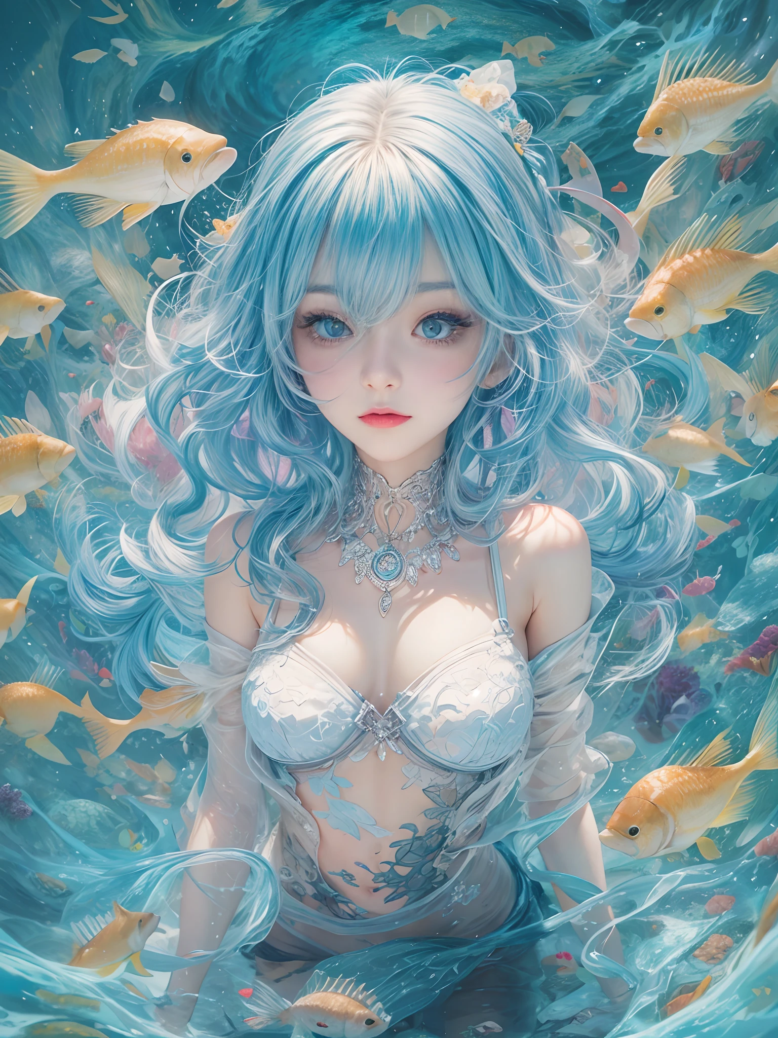 1 small curved ,blue hair,Lie at the bottom of the sea,full bodyesbian,Surrounded by monsters,Beauty wears transparent gel coat,Small chest,Reveals a slender waist,The lines are perfect,Raised sexy,Blushlush,Alice \(Nikke\),Spread your legs,Hands touch the inner thighs,The shoulders and navel are clearly visible,View from above,