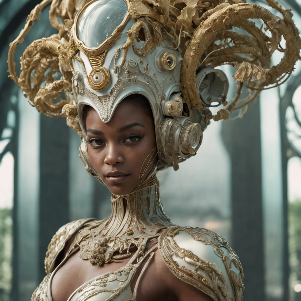 (professional 3d render:1.3) af (Realistic:1.3) most beautiful artwork photo in the world, african woman wearing an ornate rococo mask and yellow ridged and contoured organic costume with glass dome visor, organic surrounding flowers and plants, dynamic posed movie still of the alien girl in glamor pose holding exquisite engraved space gun, alien woman, as a futuristic heroine, vespertine, futuristic clothing and glass, movie still, fashionable futuristic woman, H.R.Giger, Simon Stalenhag, female alien, alien girl, of a futuristic woman selk'nam. avante garde design stylings inspired by curves(Intricate:1.4), decadent, (Highly detailed:1.4), Digital painting, rendering by octane, art stations, concept-art, smooth, Sharp focus, illustration, Art germ, (loish:0.23), wlop ilya kuvshinov, and greg rutkowski and alphonse mucha gracias, (Global illumination, Studio light, volumettic light), heavy rain, particles floating, lotr, fantasy, elf, full body, ((Dark and ancient city background:1.3)),CGSesociety,art stations