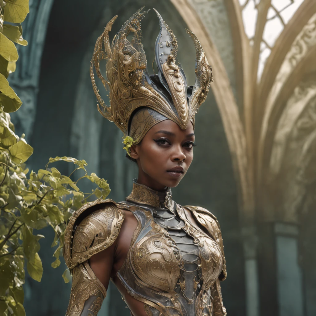 (professional 3d render:1.3) af (Realistic:1.3) most beautiful artwork photo in the world, african woman wearing an ornate rococo mask and yellow ridged and contoured organic costume with glass dome visor, organic surrounding flowers and plants, dynamic posed movie still of the alien girl in glamor pose holding exquisite engraved space gun, alien woman, as a futuristic heroine, vespertine, futuristic clothing and glass, movie still, fashionable futuristic woman, H.R.Giger, Simon Stalenhag, female alien, alien girl, of a futuristic woman selk'nam. avante garde design stylings inspired by curves(Intricate:1.4), decadent, (Highly detailed:1.4), Digital painting, rendering by octane, art stations, concept-art, smooth, Sharp focus, illustration, Art germ, (loish:0.23), wlop ilya kuvshinov, and greg rutkowski and alphonse mucha gracias, (Global illumination, Studio light, volumettic light), heavy rain, particles floating, lotr, fantasy, elf, full body, ((Dark and ancient city background:1.3)),CGSesociety,art stations