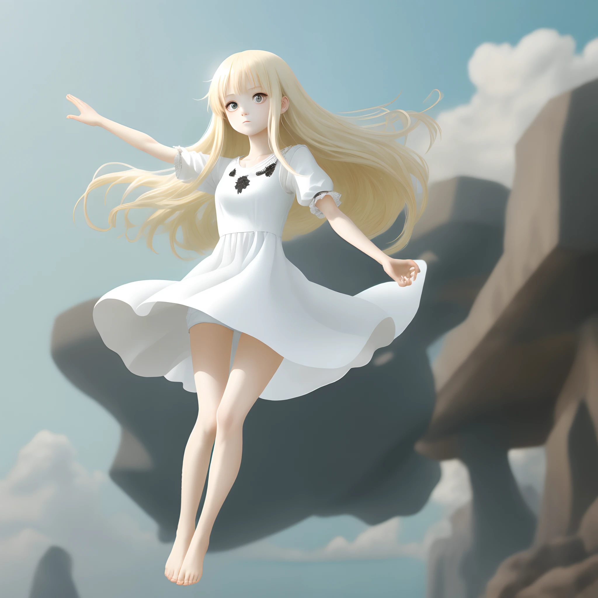 One in a white dress, with blond pupils and long white hair,Not tall,Floating in the air with bare feet。Anime style