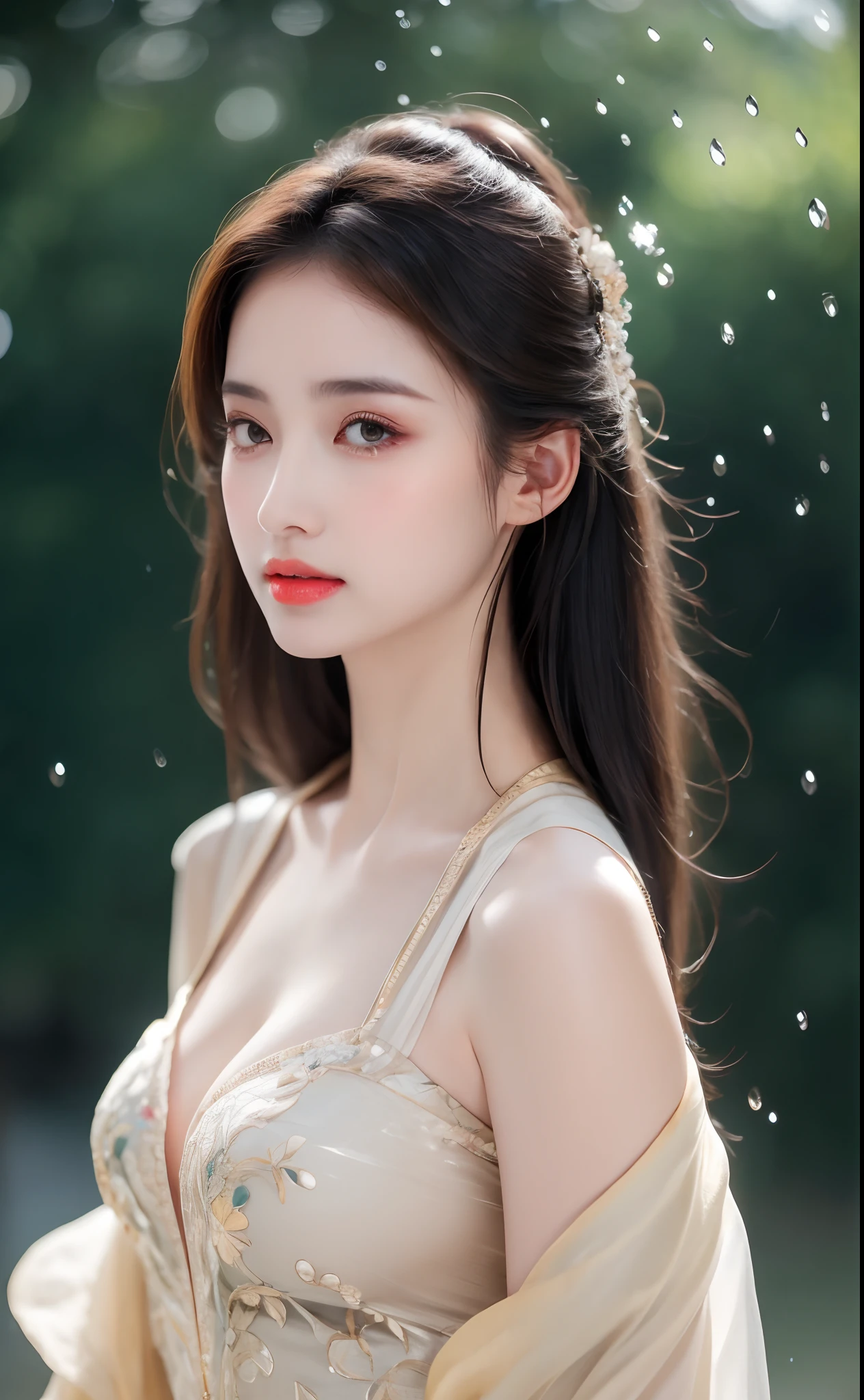 ((Best Quality, 8k, Masterpiece: 1.3)), Focus: 1.2, Perfect Body Beauty: 1.4, Buttocks: 1.2, ((Layered Haircut)), (Wet Clothes: 1.1), (Rain, Street:1.3), (Breasts: 1.2), (Hanfu: 1.2), Bare Shoulders, Bare Legs, Highly Detailed Face and Skin Texture, Fine Eyes, Double Eyelids, Whitened Skin, Long Hair, (Shut Up: 1.5), (Bokeh Background: 1.5), Big Breasts