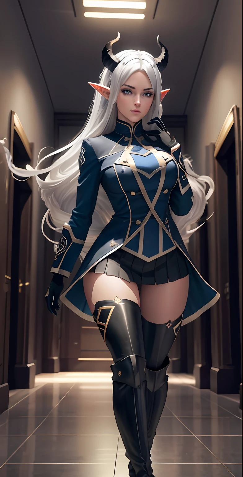 full body portrait of beautiful 1girl, solo, elf ((milf)), (very long) silver hair, tied in a knot, dark blue uniform, black knee-high riding leather boots, leggings, Anime style photo, Manga style, Digital art, glow effects, Hand drawn, render, 8k, octane render, cinema 4d, blender, dark, atmospheric 4k ultra detailed, cinematic sensual, Sharp focus, hyperrealistic, big depth of field, Masterpiece, colors, 3d octane render, 4k, concept art, trending on artstation, hyperrealistic, Vivid colors, ((((looking right)))), huge breasts, palace corridor, black gloves, double-breasted, (looking at viewer), (seductive:0.8),(smile:0.3)(evil:0.5), (from below:0.3), horns, uniform, confident, (viewer on leash:0.5)