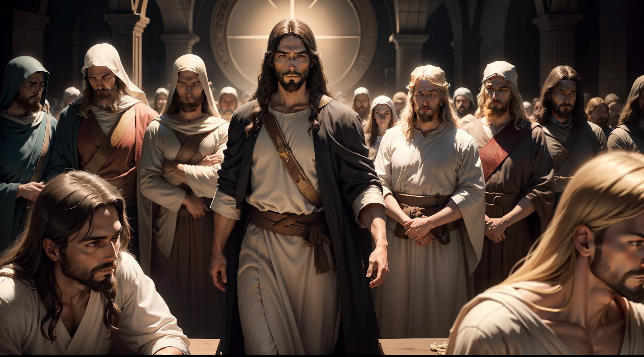 Create realistic images of Jesus Christ the Man in the night with his apostles and angels
