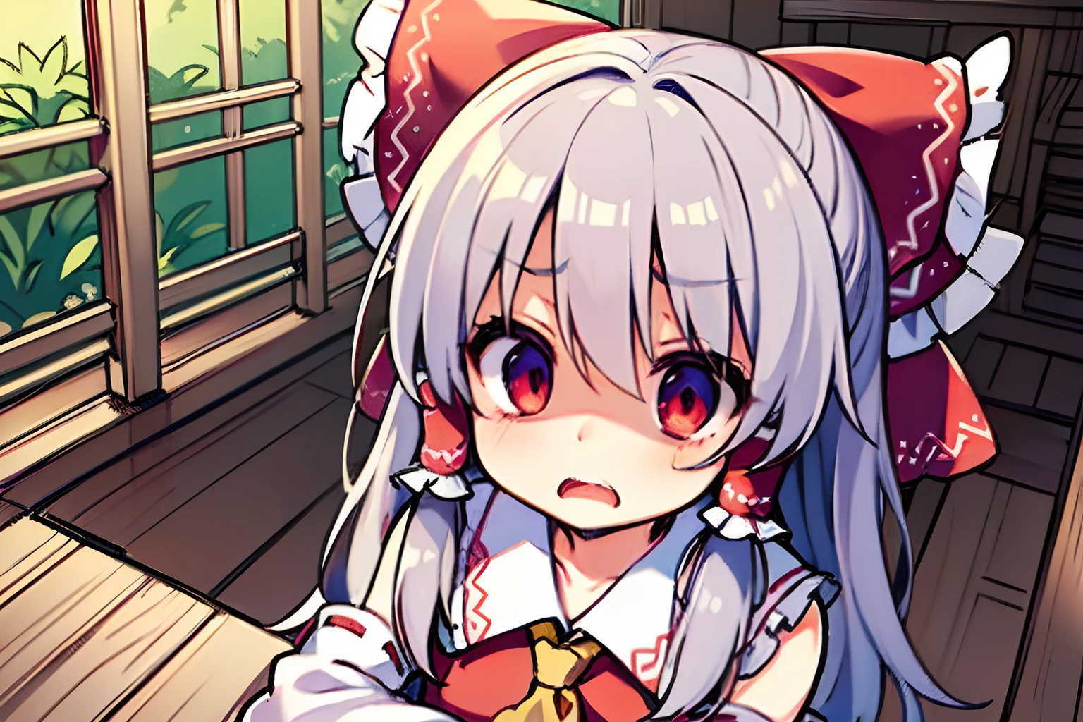 ((hakurei reimu))、((terrified expression))、Opening Mouth、Petite、One girl、(((look down from above)))、