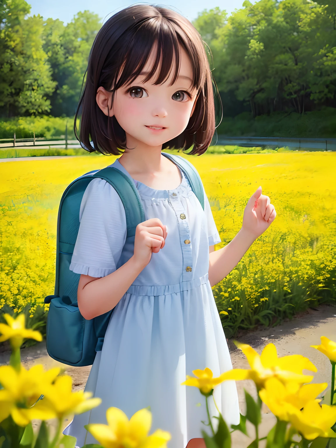 Tip: A very charming little girl with a backpack and her adorable puppy enjoying a lovely spring outing surrounded by beautiful yellow flowers and nature. The illustration is a high-definition illustration in 4K resolution with highly detailed facial features and cartoon-style visuals.