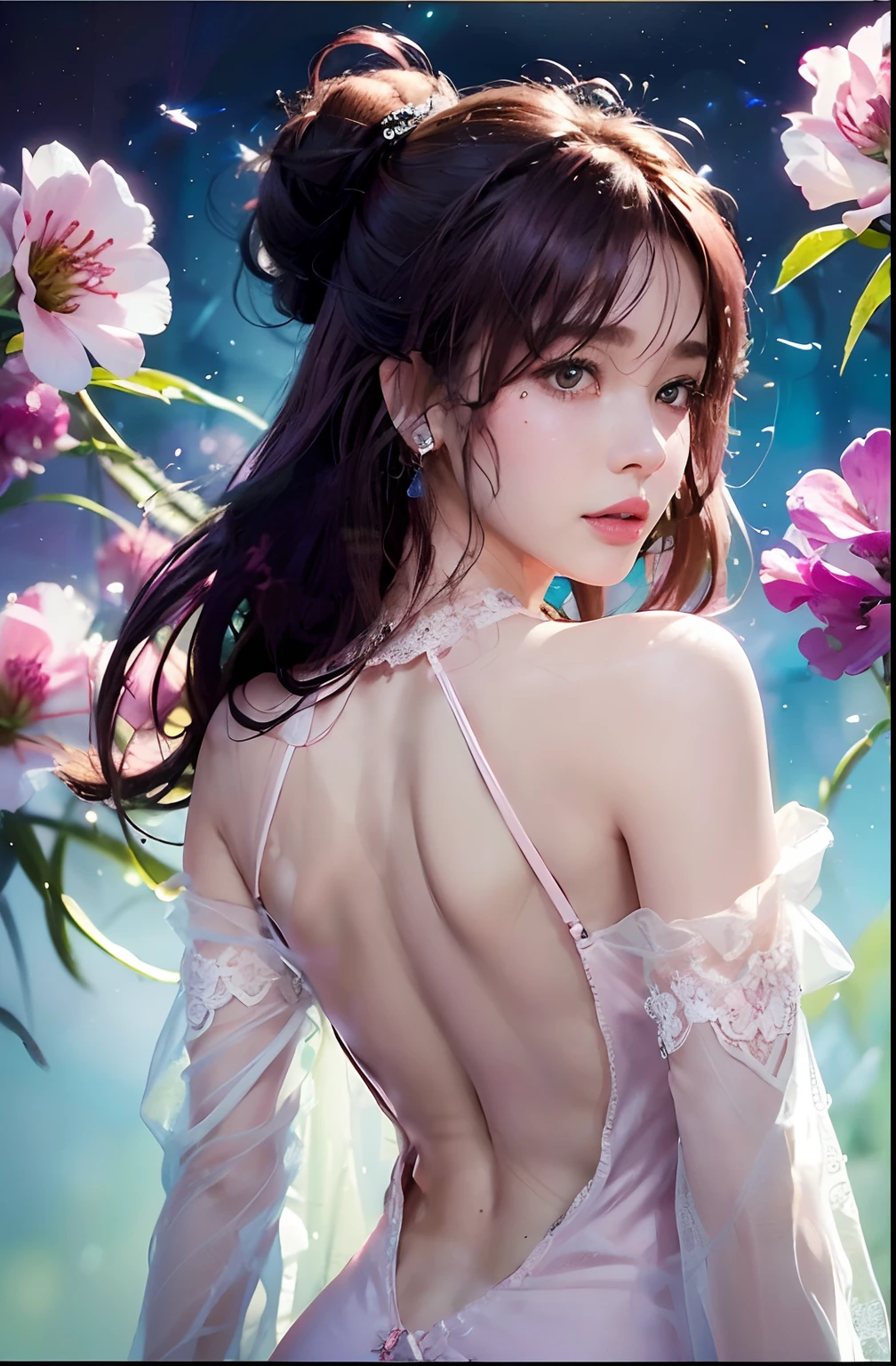 long shot,nighttime,(1girl),akiryo-mai ,Necklaces, earrings,Brownish red hair,Shy, blushing,see-through,(Pink Mini Lace Dress:1.6),(sweat:1.25), (Rose-tattoos :1.2) ,(((solo))),depth of field,(Masterpiece:1.5),(best quality:1.4),extremely detailed ,3D,Cinema-4D , 8k,Photorealistic ,( Charming female body), (gigantic breasts),Facing the camera, Pink lips,(((Finger details))),Subject centered,(((Extra hands))), (((extra legs))),