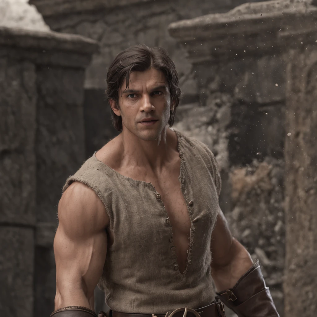 (Professional 3D rendering:1.3) de (Realistic:1.3) Foto de arte mais bonita do mundo,Features soft, bright male heroes, ((Epic hero fantasy rough muscular man hero angry look black hair short beard and fierce expression in dynamic pose, fantastic location, majestoso ambiente desordenado)), corpo inteiro 8k unidade render, action shot, poros da pele, very dark lighting, sombreamento pesado, circunstanciado, Rosto detalhado, (vibrante, ideia realista, Realistic, Dramatic, Escuro, foco nítido, 8k), , ((((Use peles)))), (intrincado:1.4), decadente, (altamente detalhado:1.4), pintura digital, rendering by octane, art stations, Conceito-Arte, liso, foco nítido, illustration, germe da arte, (Loish:0.23), Wlop Ilya Kuvshinov, e Greg Rutkowski e Alphonse Mucha Gracias, (global ilumination, studiolight, Light Volumetric), chuva forte, floating particles, patife, fantasia, Onze, corpo inteiroesbian, ((Fundo escuro e antigo da cidade:1.3)),CGSesociedade,art stations