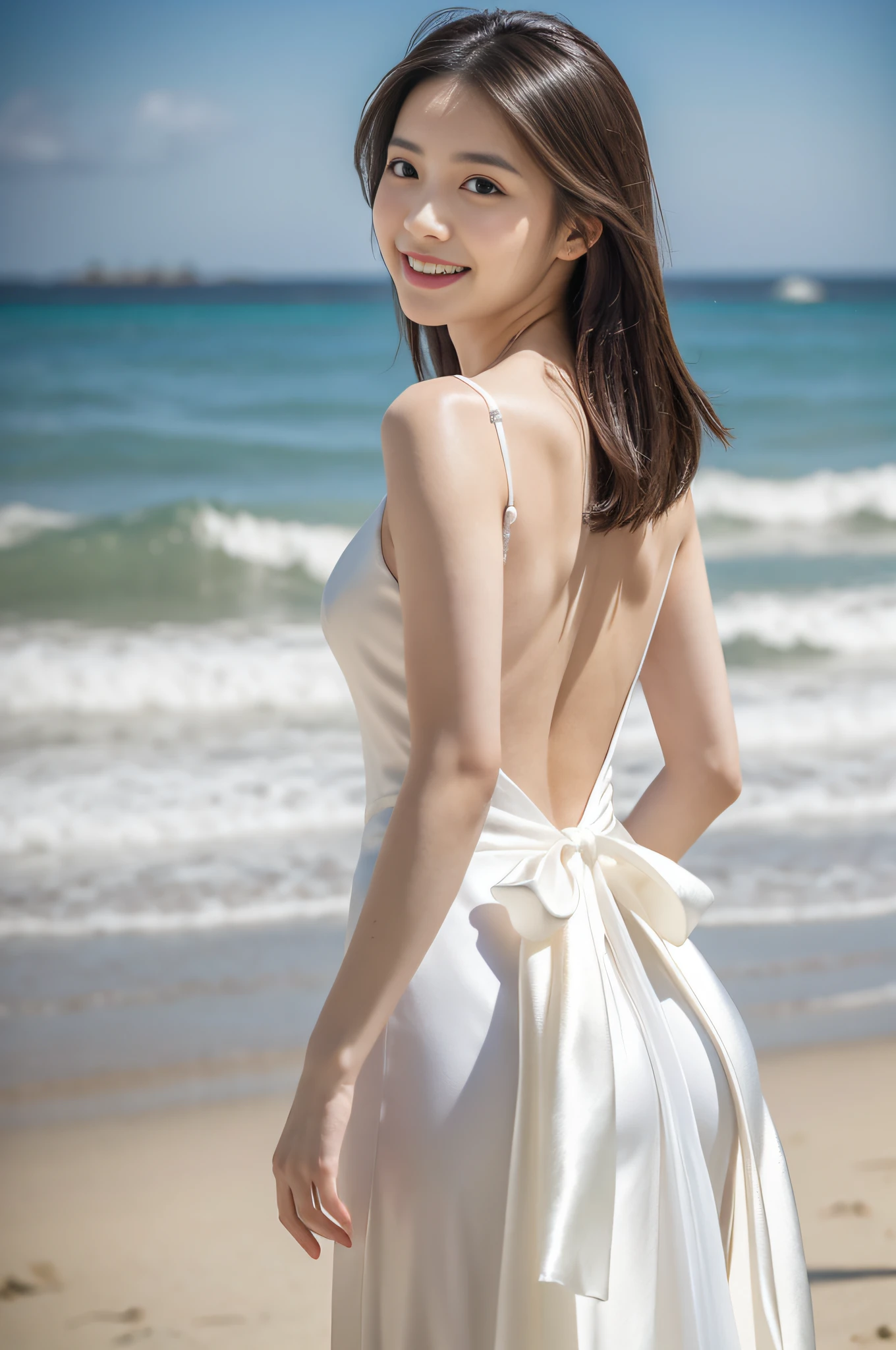 (realistic, photo-realistic:1.37), (masterpiece, best quality:1.2), (ultra high res:1.2), (RAW photo:1.2), (sharp focus:1.3), (face focus:1.2), (Extremely detailed CG unity 8k wallpaper:1.2), (beautiful skin: 1.2), (pale skin:1.3), (hyper-sharp focus: 1.5), (ultra-sharp focu:1.5), (beautiful clean face:1.3), (ultra-detailed background, detailed background:1.3), bokeh, depth of field, BREAK, Photo of extremely cute and beautiful Japanese woman, (bride), professionattire, (22yo:1.1), light smiling girl portrait, full body image, When viewed from the front, the composition is symmetrical, (studio lighting:1.3), (cinematic light:1.3), (back light:1.3), (face light:1.3), lighting full-covered her whole body, looking straight at you, standing, sexy model pose, BREAK, (chestnut half-up hair:1.2), dark brown eyes, beautiful eyes, princess eyes, mahogany hair, single hair, bangs, slender, abs, (huge breast;1.35), (narrow waist:1.15), (detailed beautiful girl:1.4), (pure-white luxury satin wedding dress:1.3), (Bali island ocean view background:1.2), (light smile:1.1), ((perfect female body)), (upper body image:1.3), frame the head, perfect dramatic, volumetric lighting, professional majestic oil painting, shiny skin, ct anatomy, perfect proportion, 8.5 life size, face focus, ultrarealistic photo, hyper-sharp image, hyper detailed image, Bali island, ocean view, beach, outdoor, walking beach,