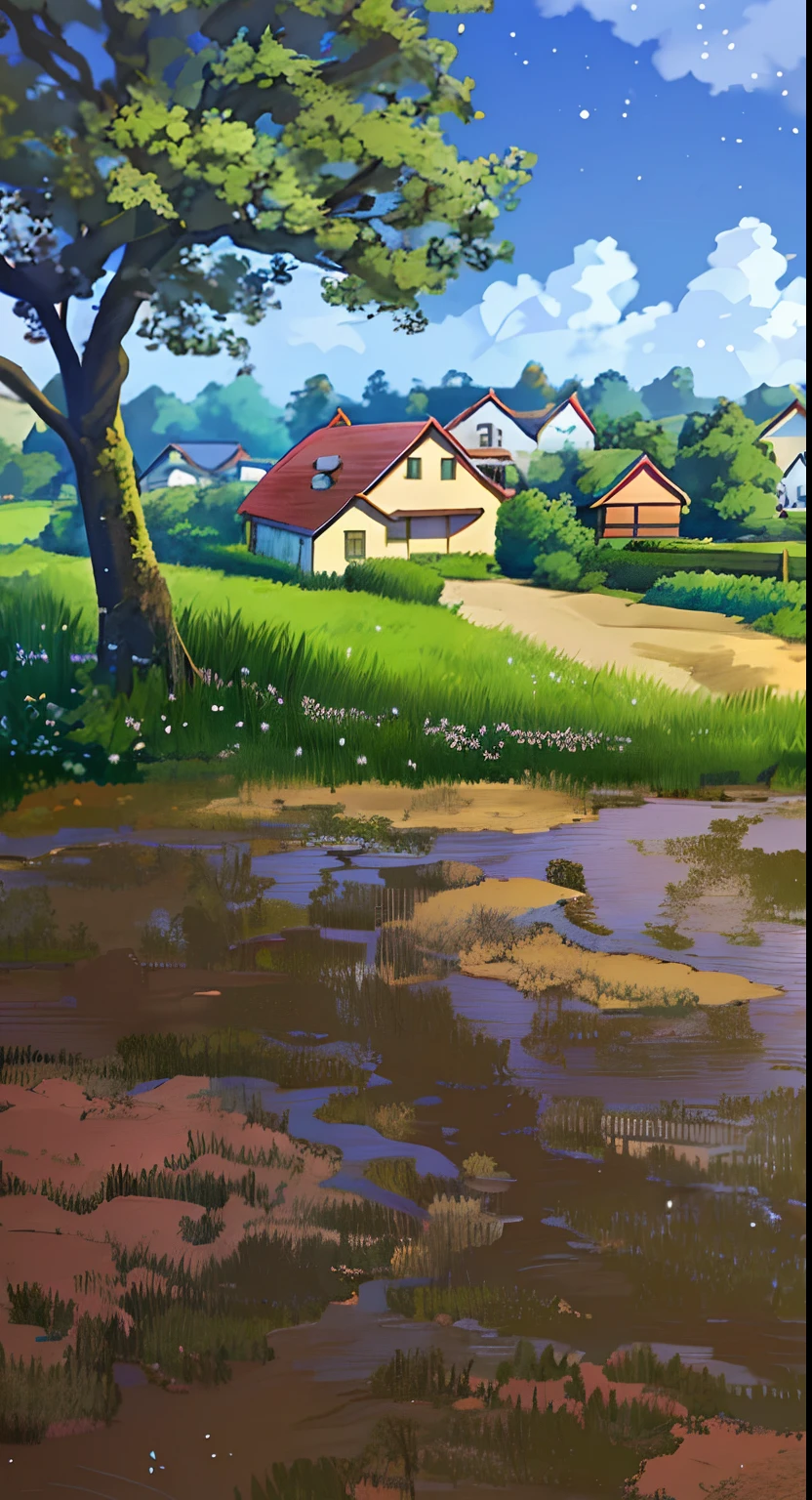 There is a painting of a farm of a house, anime countryside landscape, Anime landscape concept art, Anime background art, Anime landscape, Anime landscapes, distant village background, landscape artwork, Makoto Shinkai's style, drawn in anime painter studio, arte de fundo, Some houses in the background, studio glibly makoto shinkai, anime backgrounds