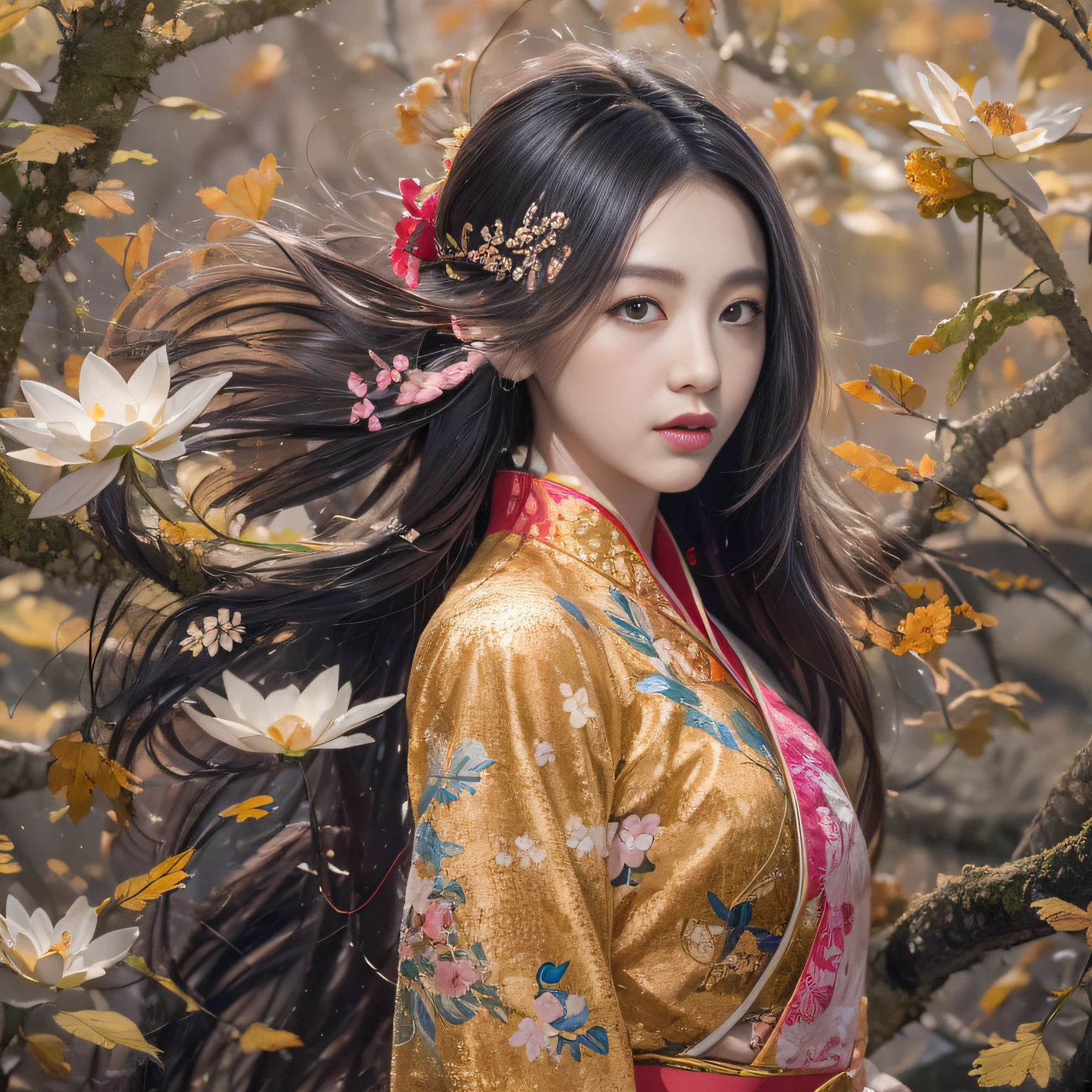 32K（tmasterpiece，k hd，hyper HD，32K）Long flowing black hair，ponds，zydink， a color，  Xuzhou people （Abduction of girls）， （Silk scarf）， Combat posture， looking at the ground， long whitr hair， Floating hair， Carp pattern headdress， Chinese long-sleeved cheongsam， （Abstract gouache splash：1.2）， Pink petal background，Pink and white lotus flowers fly（realisticlying：1.4），Black color hair，Fallen leaves flutter，The background is pure， A high resolution， the detail， RAW photogr， Sharp Re， Nikon D850 Film Stock Photo by Jefferies Lee 4 Kodak Portra 400 Camera F1.6 shots, Rich colors, ultra-realistic vivid textures, Dramatic lighting, Unreal Engine Art Station Trend, cinestir 800，Long flowing black hair，see-through transparent clothes