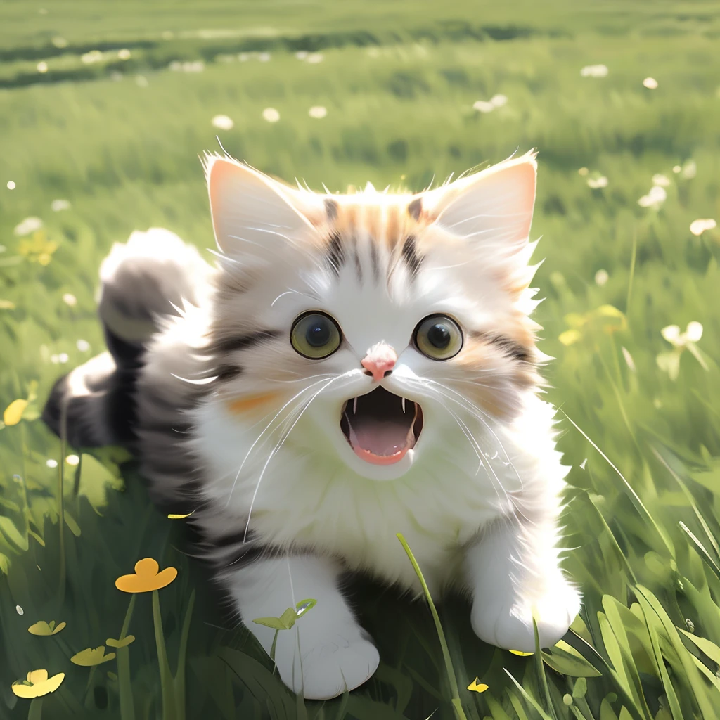 a cat,open mouth,a cat standing on grass,