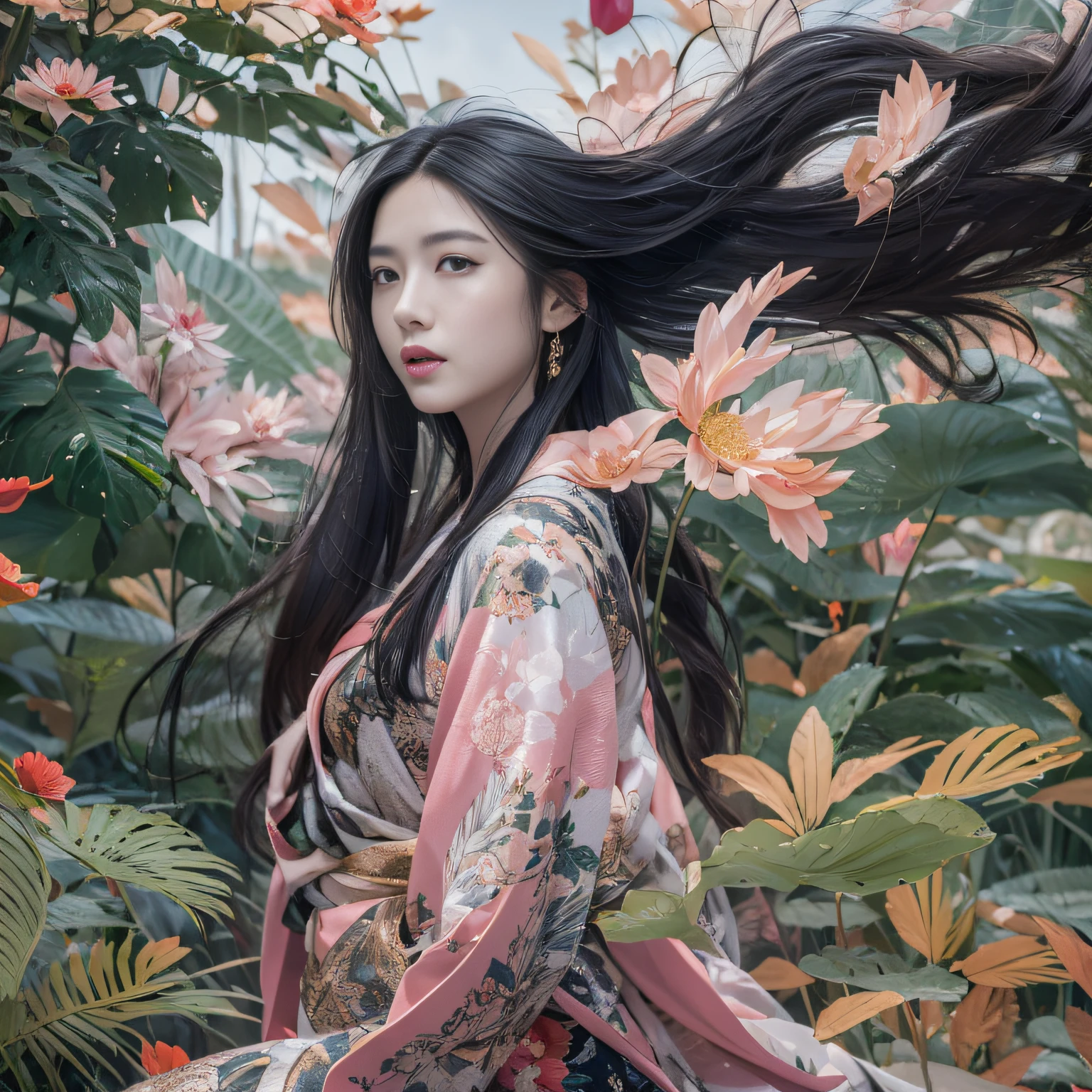 32K(tmasterpiece,k hd,hyper HD,32K)Long flowing black hair,ponds,zydink, a color, Xuzhou people (Sleepy girls), (Silk scarf), Combat posture, looking at the ground, long whitr hair, Floating hair, Carp pattern headdress, Chinese long-sleeved clothing, (Abstract gouache splash:1.2), Pink petal background,Pink and white lotus flowers fly(realisticlying:1.4),Black color hair,Fallen leaves flutter,The background is pure, A high resolution, the detail, RAW photogr, Sharp Re, Nikon D850 Film Stock Photo by Jefferies Lee 4 Kodak Portra 400 Camera F1.6 shots, Rich colors, ultra-realistic vivid textures, Dramatic lighting, Unreal Engine Art Station Trend, cinestir 800,Long flowing black hair,see-through transparent clothes