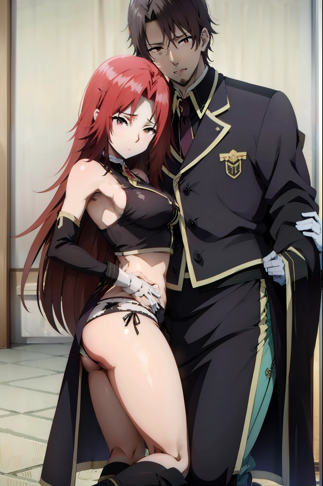 senna 1girl, 1boy, thigh sex, , crop top, highleg panties, mature male, grabbing, hug from behind,, masterpiece, best quality, highly detailed,brown eyes
