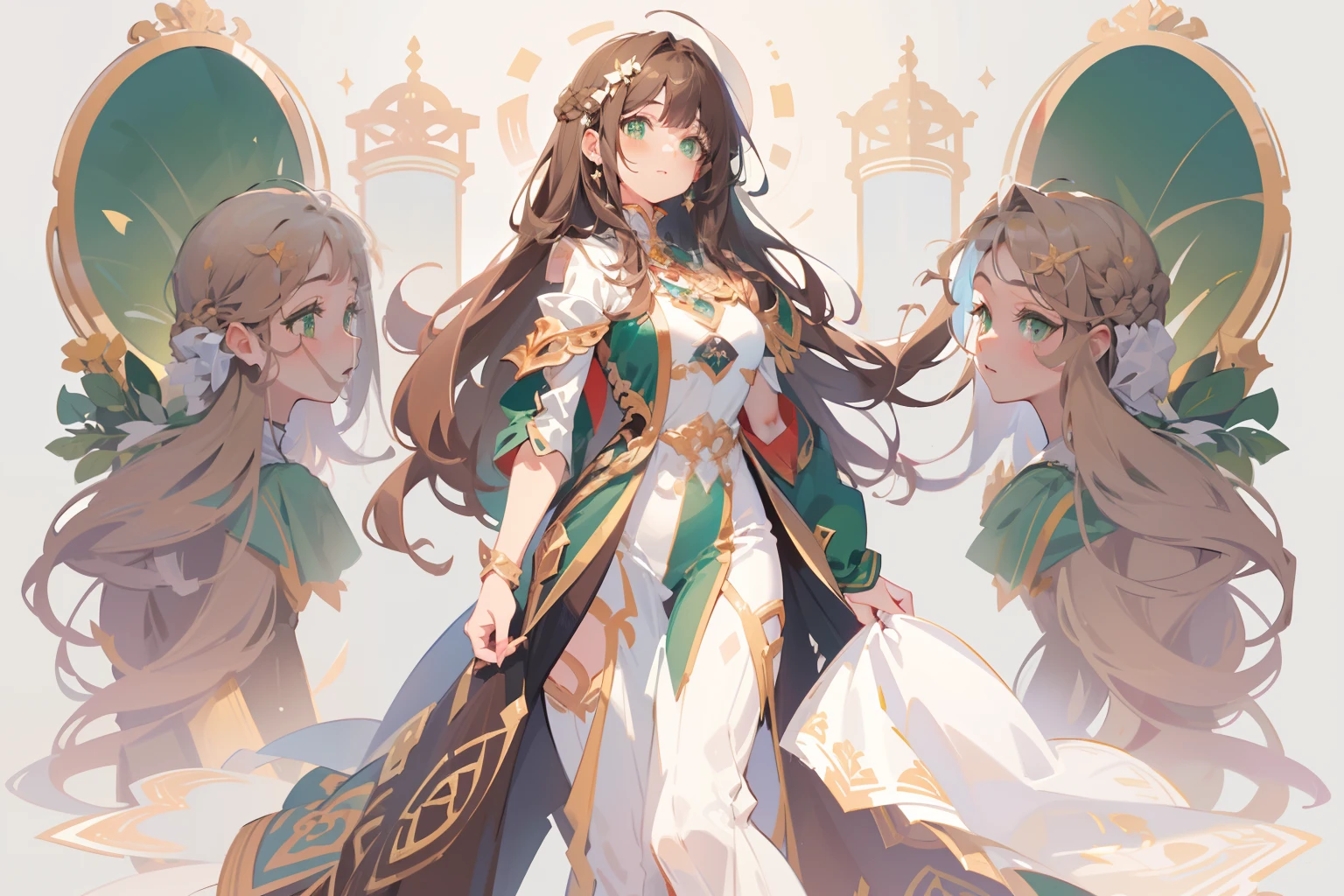 (masterpiece), (best quality), ultra high res, sharp focus, ((1 woman, solo)), full body, character design, (white background:1.2), beautiful detailed hair, chestnut brown hair, long hair tumbles down, beautiful detailed face, ((beautiful shape eyes, green eyes)), perfect feminine face, hourglass body shape, feminine light outfit