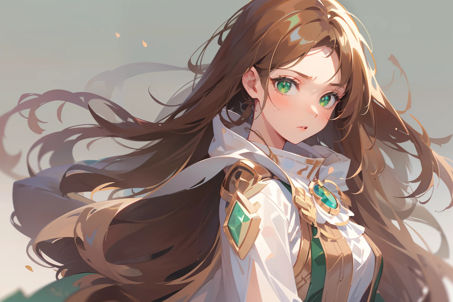 (masterpiece), (best quality), ultra high res, sharp focus, ((1 woman, solo)), full body, character design, (white background:1.2), beautiful detailed hair, chestnut brown hair, long hair tumbles down, beautiful detailed face, ((beautiful shape eyes, green eyes)), perfect feminine face, hourglass body shape, feminine light outfit
