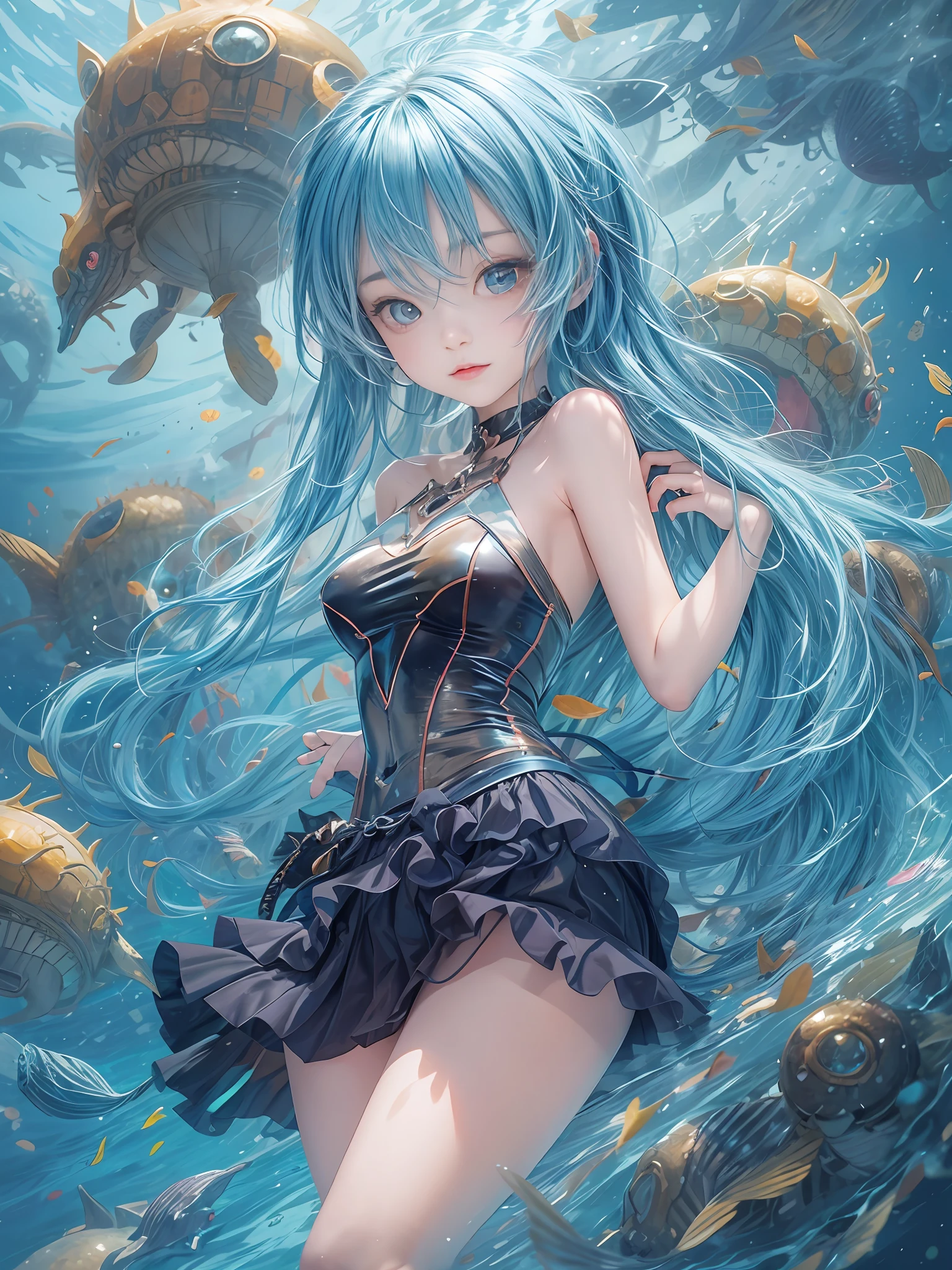 1 small curved ,blue hair,Lie at the bottom of the sea,full bodyesbian,Surrounded by monsters,Beauty wears transparent gel coat,Small chest,Reveals a slender waist,The lines are perfect,Raised sexy,Blushlush,Alice \(Nikke\),Spread your legs,Hands touch the inner thighs,The shoulders and navel are clearly visible,Low angle view,