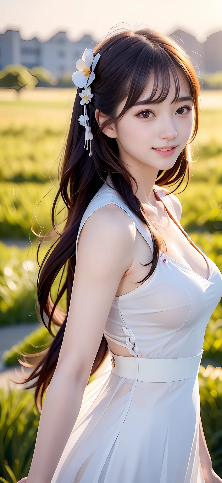 18-year-old smiling female classmate,(best qualtiy,8K,tmasterpiece:1.3),Goose egg face,largeeyes,long eyelasher,Exquisite(live-action realistic style),Star-like eyes,Ultimate face,Photorealistic light and shadow,Clear facial features,Milky white skin,Fair skin, highdetailskin, Realistic skin details, Visible Pore,(Super detail),(perfect bodies:1.1),Two braids,Hanfu,Ribbons,(dynamicposes),((Dynamic background((volumettic light:1.3)) ,grassy fields,school ground