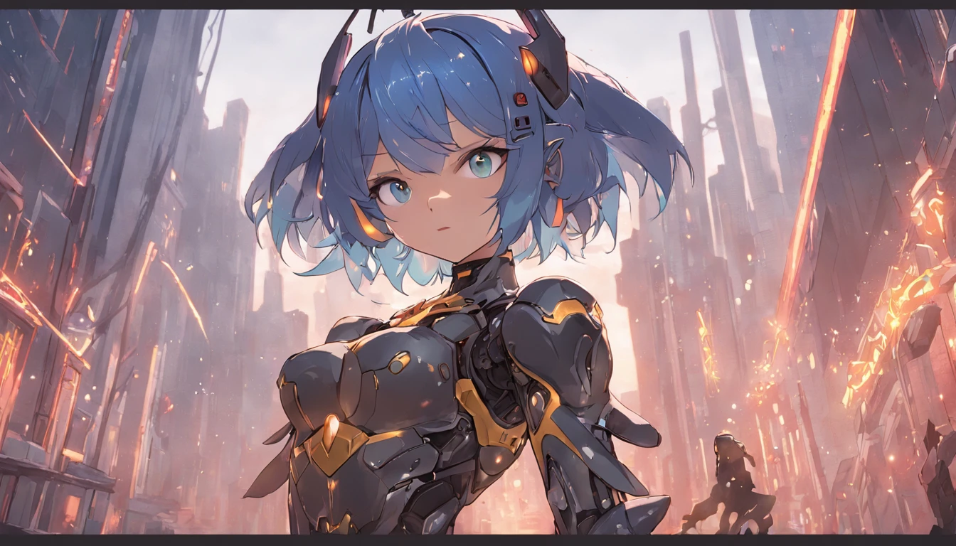 Just a beautiful woman, wearing mecha+medieval armor+black Samus Aran costume with golden metallic parts, blue hair, extremely short hair, hair with bangs in front of the eyes, helmet on the head, looking at the viewer, (((extroverted pose interacting and leaning on something)))), in a city, vehicles, machines, monsters, large structures, background of beautiful landscape with the sunset, ((full body):1.5) ,((Super Metroid)), 16k, UHD, best possible quality, ((ultra detailed):1), best possible resolution, Unreal Engine 5, professional photography, perfect_hands, Sublime, Clockpunk, Artwork, massive scale, textured, Hi-fi, Tapestry, chintzy colors, Unworldly, glowing radioactively lighting, Ultra-realistic, highly detailed, PBR materials, Unity engine, volumetric lighting, 8k
