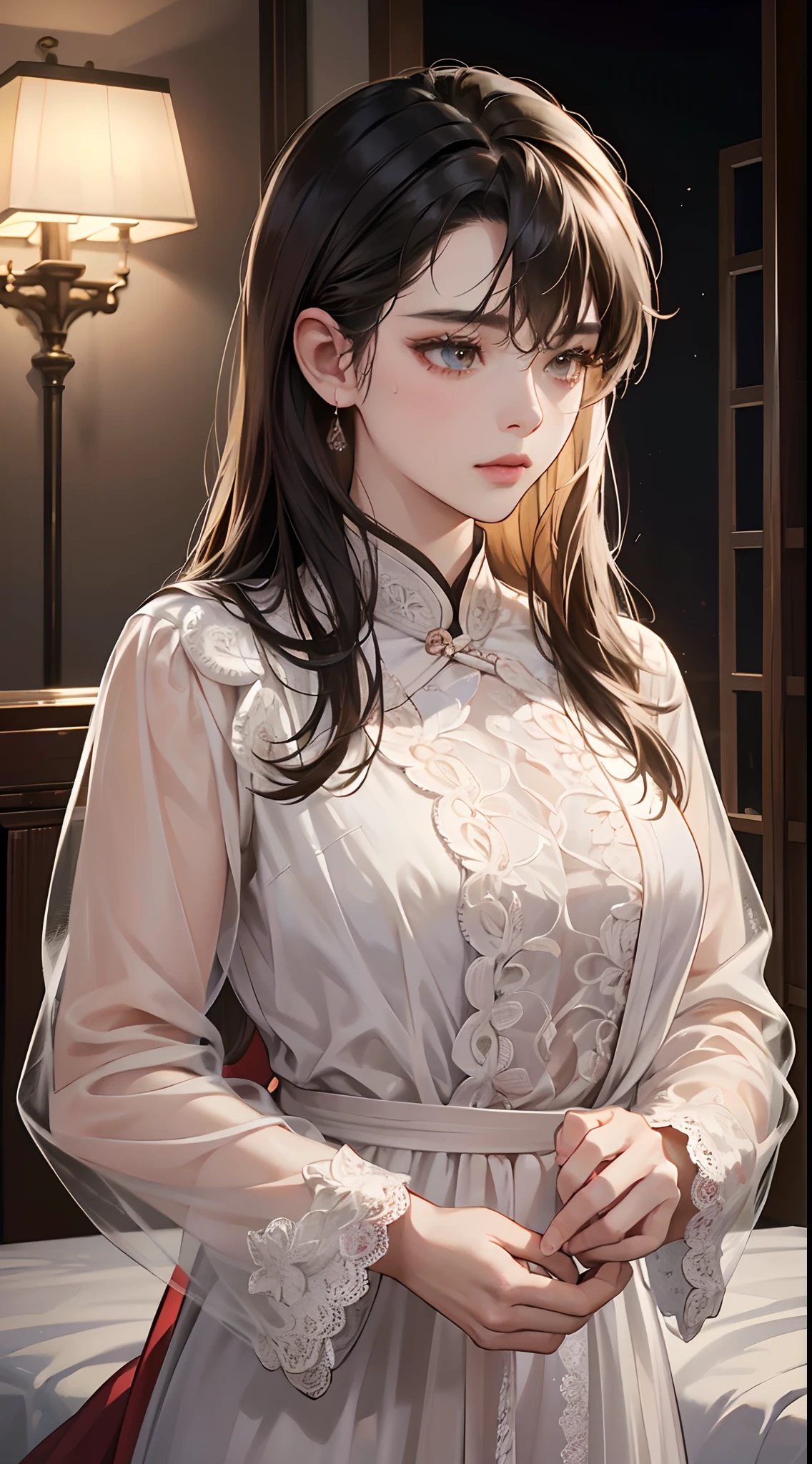 ((retinas)), tmasterpiece, anatomically correcte, textureskin, super detailing, high detal, high qulity, best qualtiy, A high resolution, 4K, (Detailed lighting, detailedshadows), 1womanl, dark brown hair, ((Detailed eyes)), closeup cleavage, sportrait, (with brown eye), Very detailed clothes, ((Modern clothes)), beautiful hairl, Detailed body, Hair down, very highly detailed background, beatiful background, (long whitr hair), Half body,),
