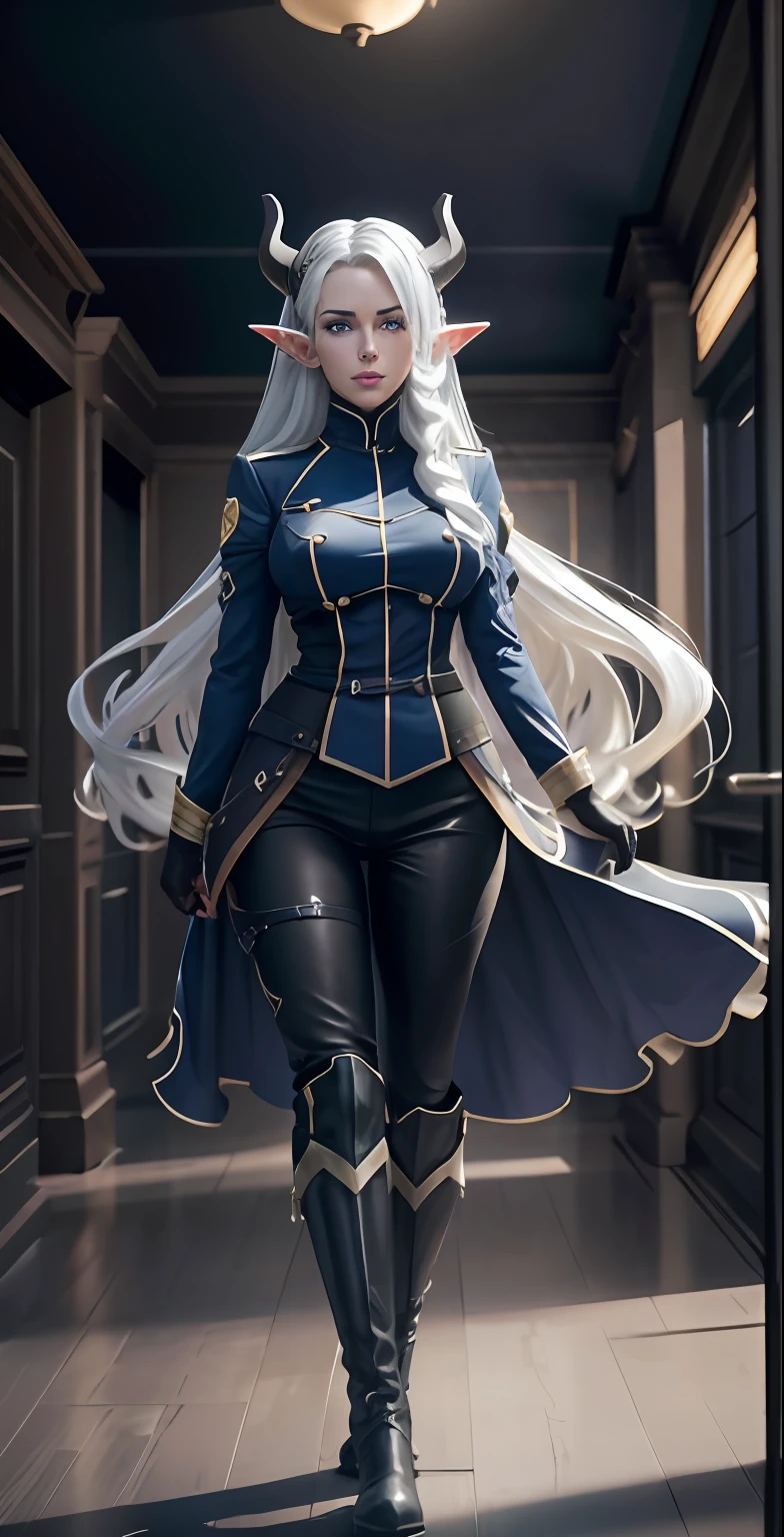 full body portrait of beautiful 1girl, solo, elf ((milf)), (very long) silver hair, tied in a knot, dark blue uniform, black knee-high riding leather boots, leggings, Anime style photo, Manga style, Digital art, glow effects, Hand drawn, render, 8k, octane render, cinema 4d, blender, dark, atmospheric 4k ultra detailed, cinematic sensual, Sharp focus, hyperrealistic, big depth of field, Masterpiece, colors, 3d octane render, 4k, concept art, trending on artstation, hyperrealistic, Vivid colors, ((((looking right)))), huge breasts, palace corridor, black gloves, double-breasted, (looking at viewer), (seductive:0.8),(smile:0.3)(evil:0.5), (from below:0.7), horns, uniform, confident, (viewer on leash:0.5),