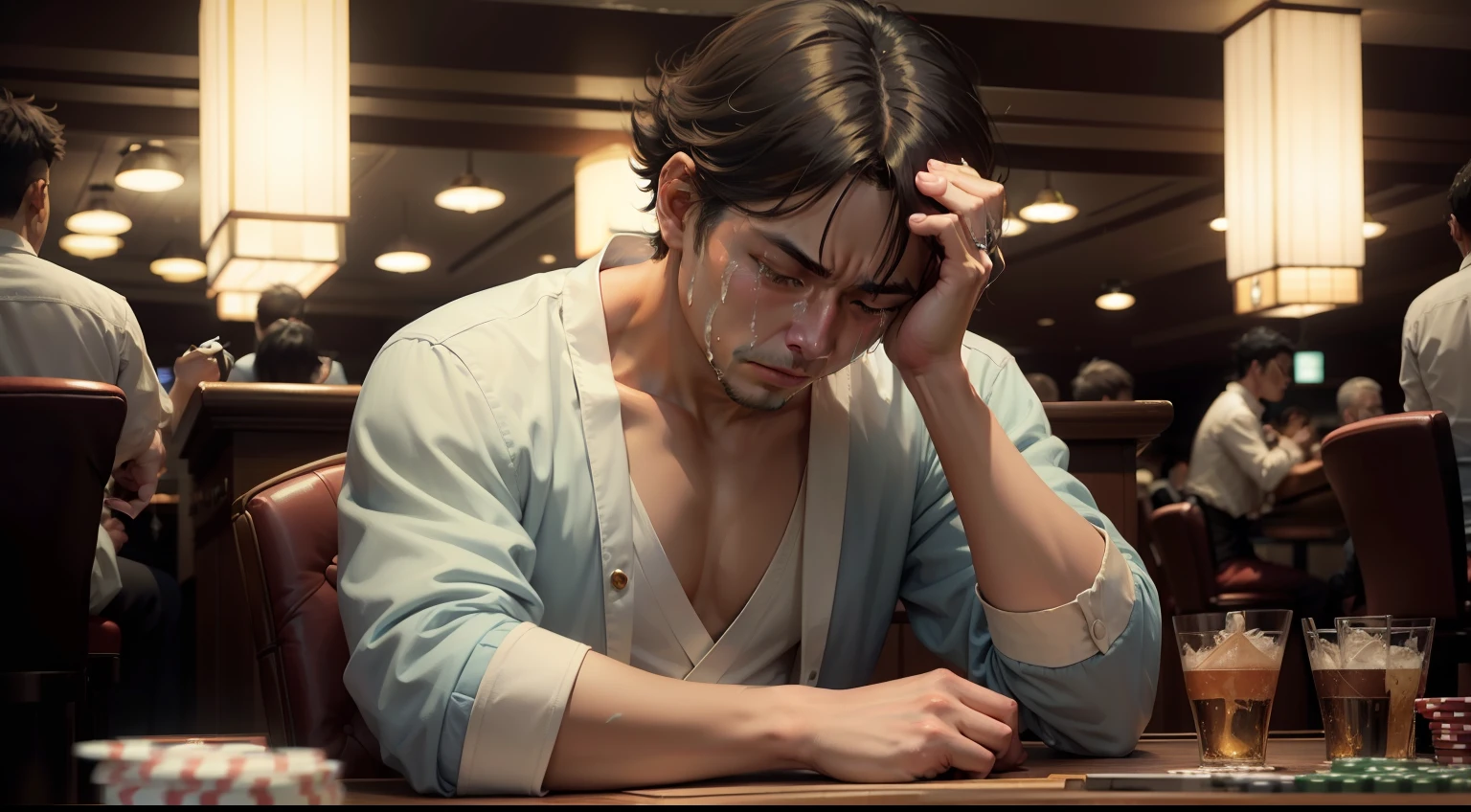 (Digital Painting)、(top-quality)、Man crying at a casino table、baccarat、One man is crying、Man breaking down crying in front of Trump、A man is crying、Japan person breaks down crying、One brown-skinned beauty、FX、exchange、Ukiyo-e Art Style、Hokusai's inspiration、Popular deviant art、8K Ultra Real、Pastel Color Schemes、Soft lighting、hopelessness
