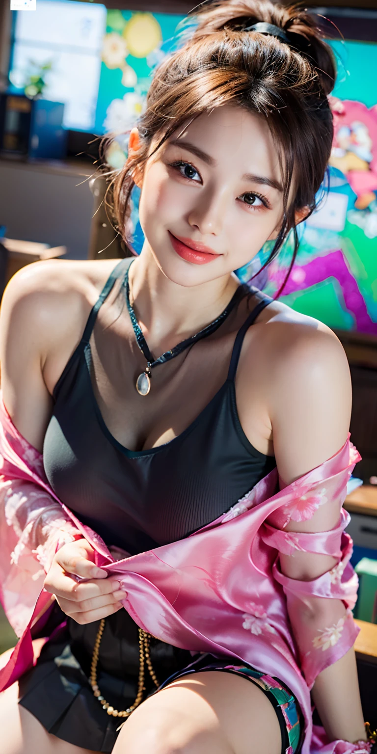 (real, photorealistic:1.37),Best quality, highres, 8k,, masterpiece, immersive atmosphere, (background blur:1.5),blurring, (real skin texture:1.3) 

Sexy korean girl with purple short hair with ponytail wearing black shades sitting seductively on an office chair,  crossed legs,
Green sharp eyes, bright pink lips, open mouth showing teeth, happy girl and smiling,
Sexy korean girl wearing a purple croptop jacket and white pleaded skirt with thigh high purple boots,

Sexy detailed inner thighs, perfect hands, perfect face, perfect breasts, 