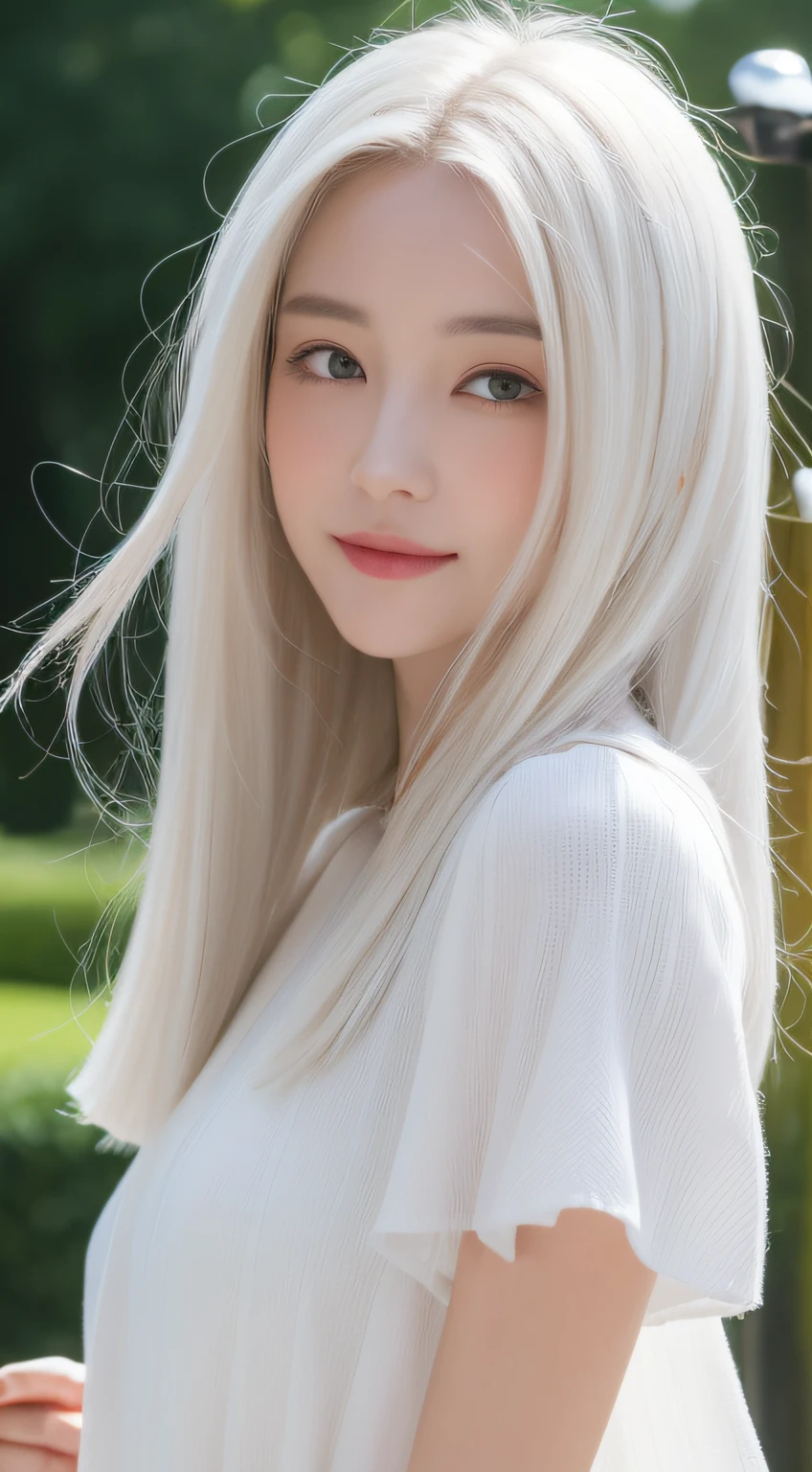 TWICE tzuyu, Korean beauty, silvery white hair, long hair, small face, fair skin, narrow eyes, slanted eyes, slender, big breasts, sex appeal, lustrous, mature