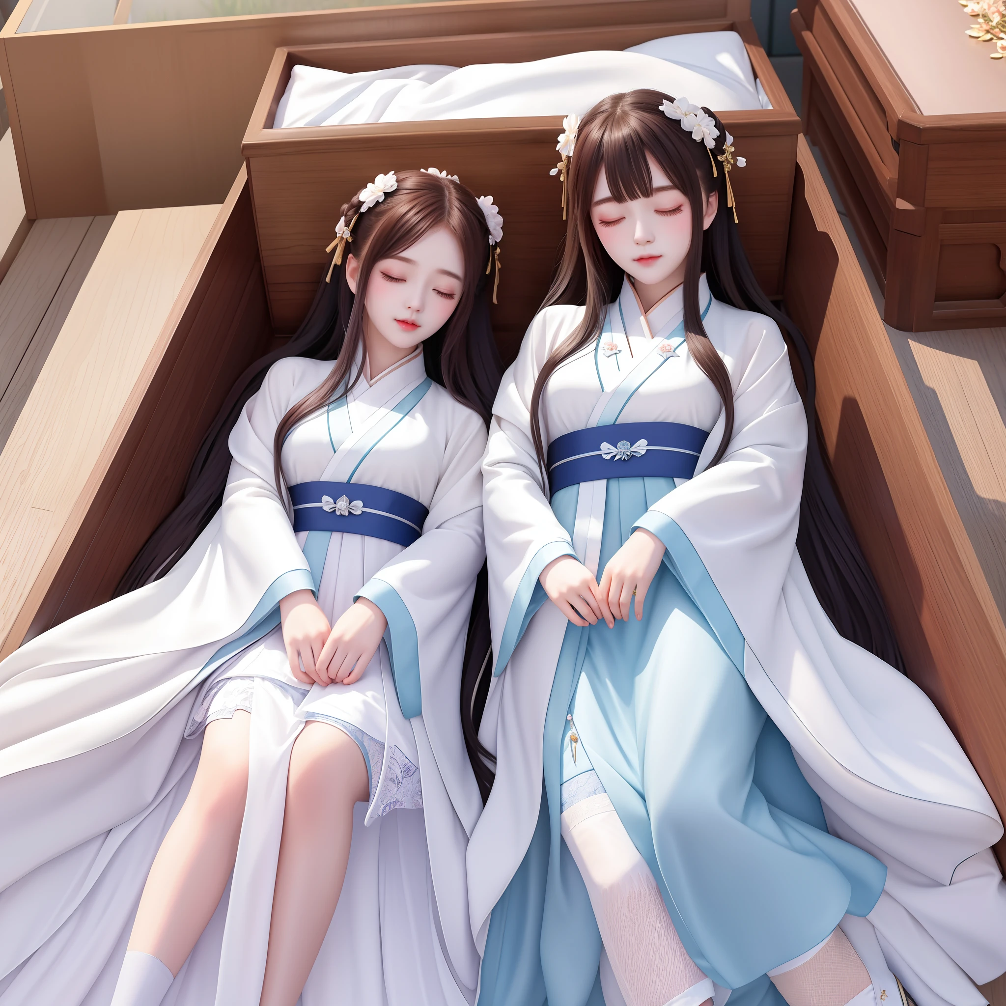 Beautiful twin sisters sleeping in a coffin,whitestocking,Hanfu